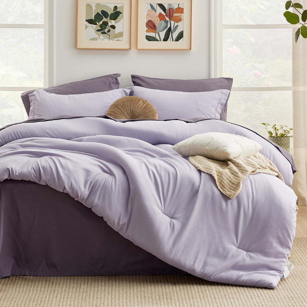 Bedsure Twin Comforter Set - 5 Pieces Lavender Twin Bedding Set For All Seasons, Boho Contrasting Design Bed In A Bag With Comforter, Sheets, Pillowcase & Sham