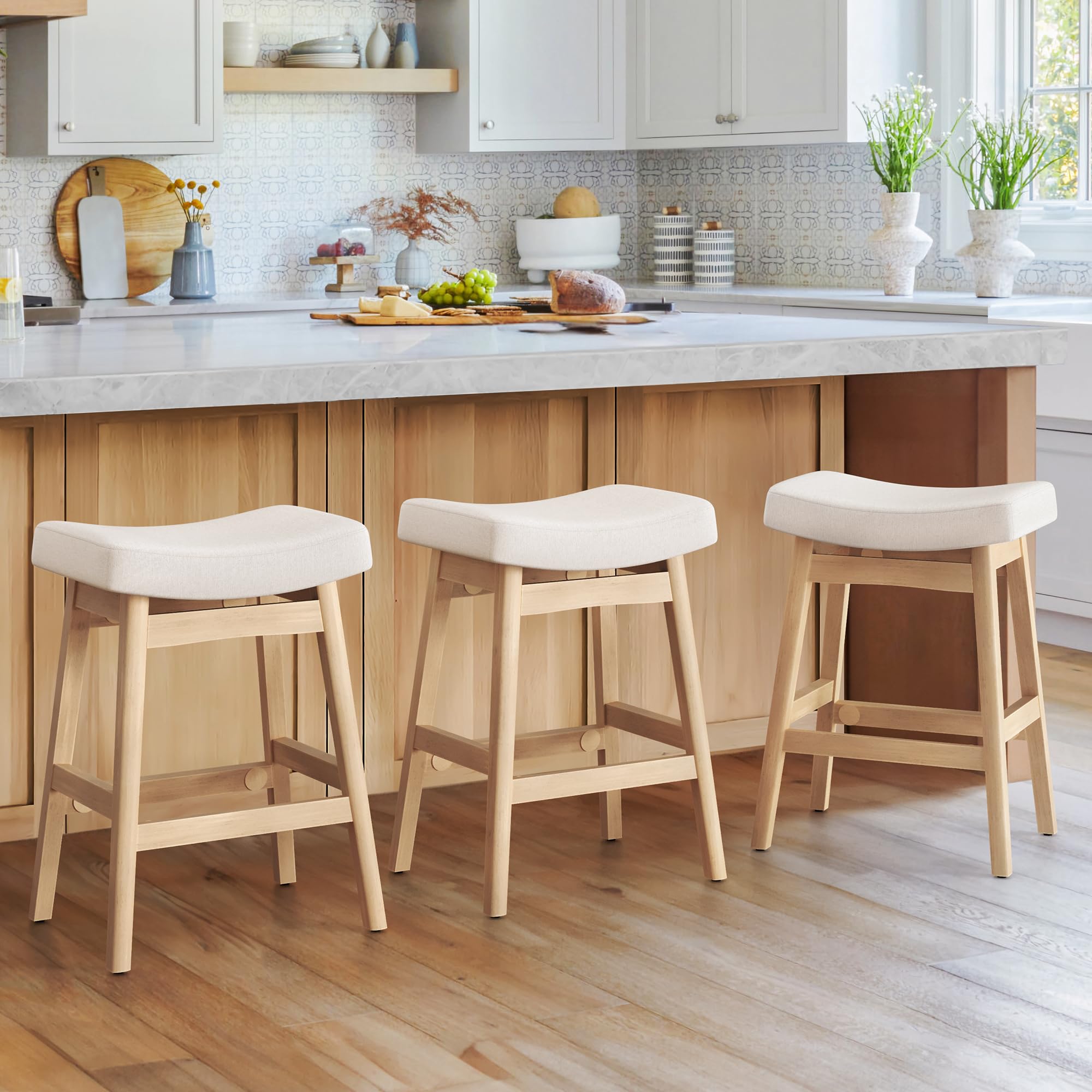 Cozyman Bar Stools Set of 3, Barstools with Sturdy Wood Legs, Saddle Seat Counter Height Bar Stools for Kitchen Counter, Bar, Di