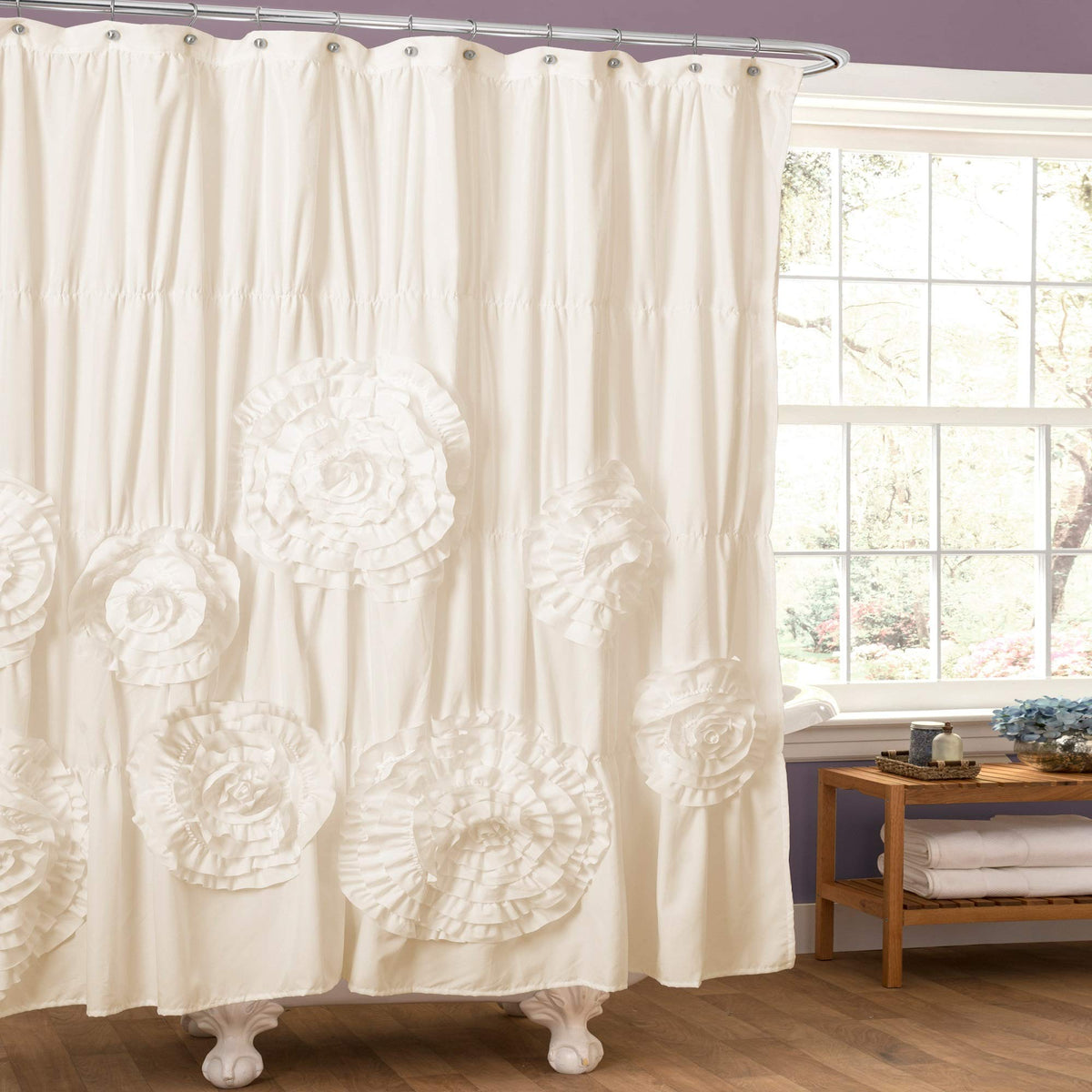 Lush Decor Serena Ruffle Shower Curtain, 72' W X 72' L, Ivory - Beautiful Ruched Flower Design - Luxury Shower Curtain - Ruffl