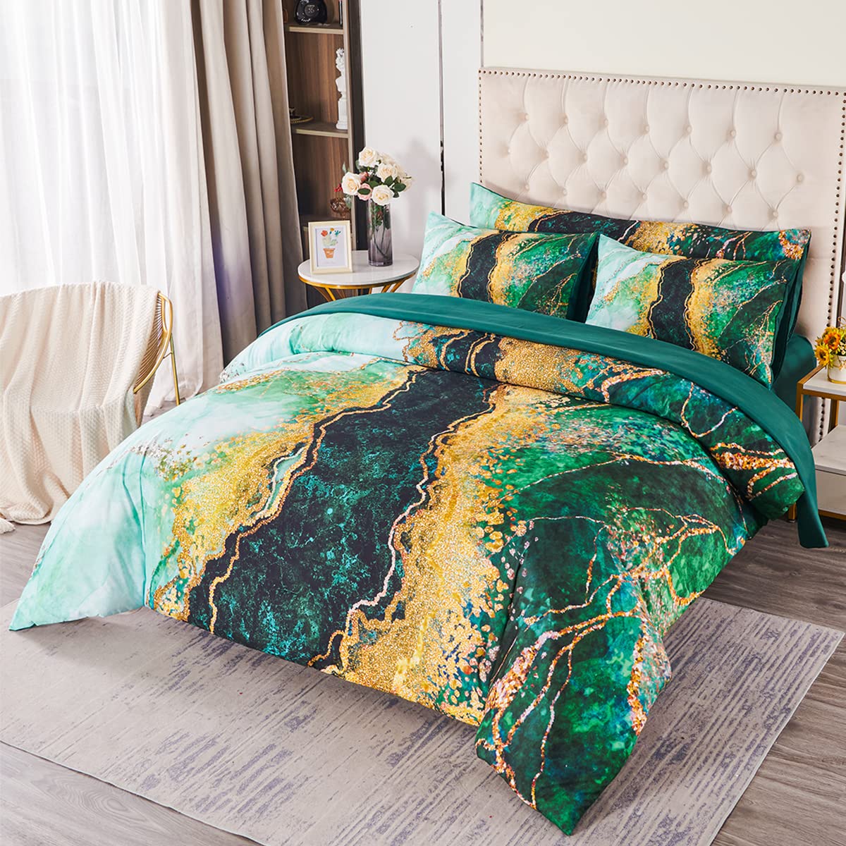 Perfemet Green Marble Pattern Bedding Sets Queen Size Watercolor Tie Dye Quilt Sets Luxurious Retro Artwork Comforter Sets Ultra