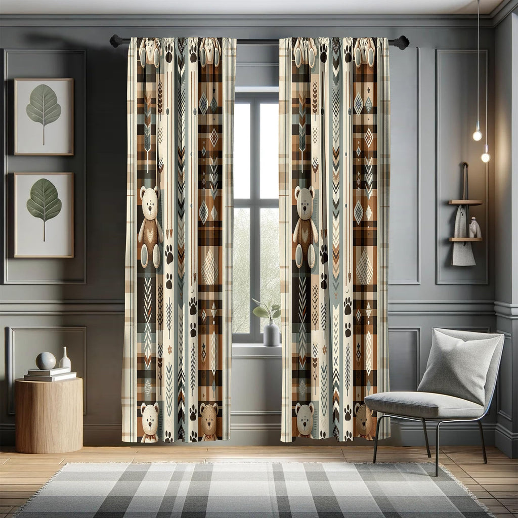 Ambesonne Bear Window Curtains Pack Of 2, Modern Scandi Arrow And Leafy Plaid Ornate With Cartoon Paws Earthy Tones, Lightweight