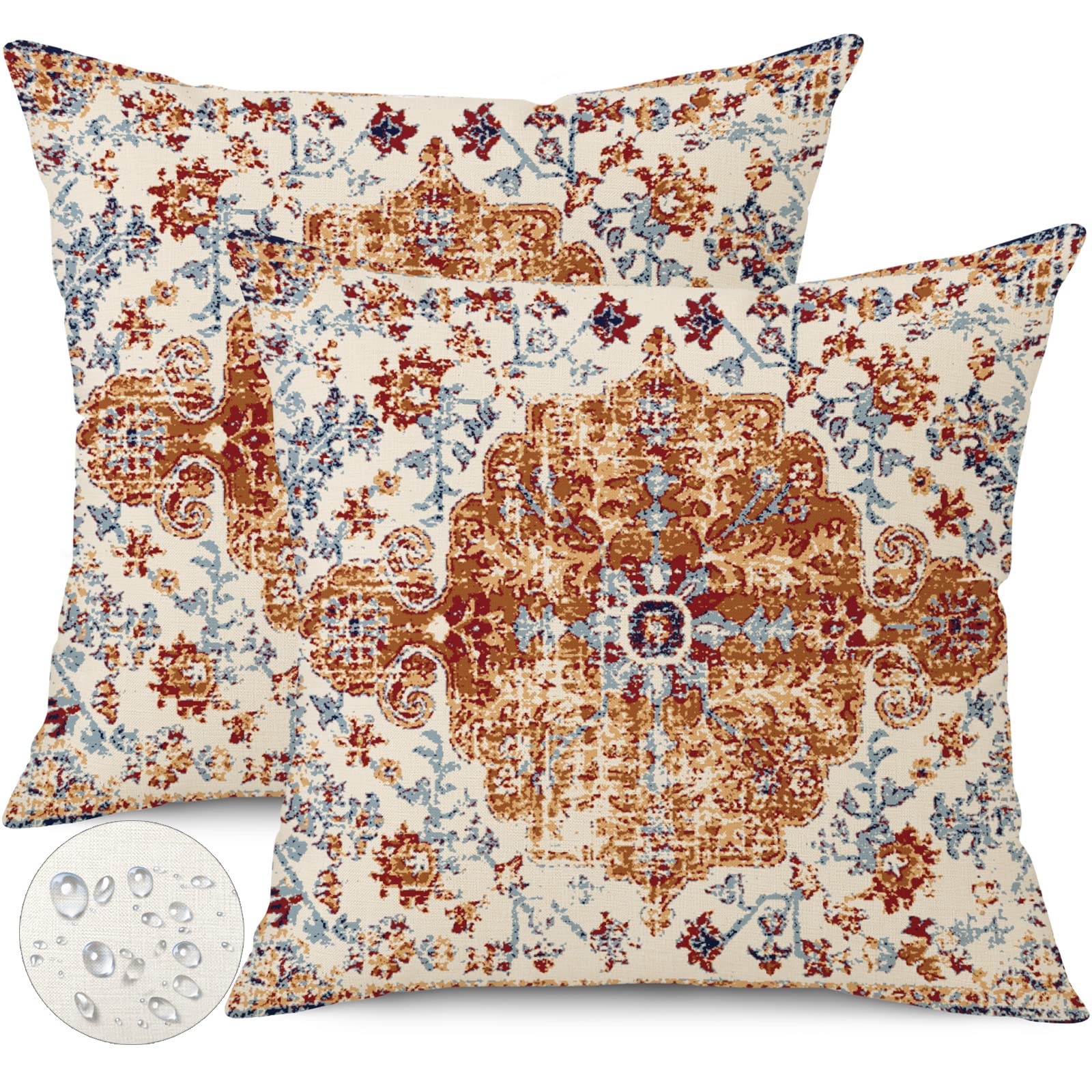 Gujiahone Outdoor Waterproof Pillow Covers 16X16 Inch Set Of 2 Bohemian Vintage Carpet Pattern Pillow Covers Brown Blue Ethnic D