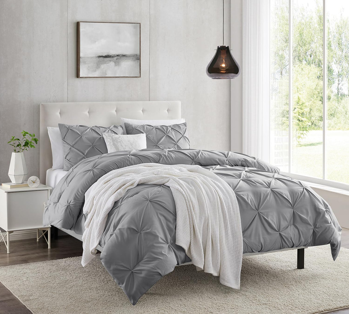 Nestl Grey Duvet Cover Queen Size - Pintuck Queen Duvet Cover Set, 3 Piece Double Brushed Duvet Covers With Button Closure, 1 Pi