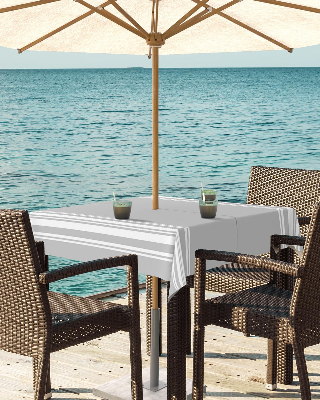 Queenker Outdoor Tablecloth With Umbrella Hole, Farmhouse Gray White Stripe Square Tables Waterproof Tabletop Collection For Pat