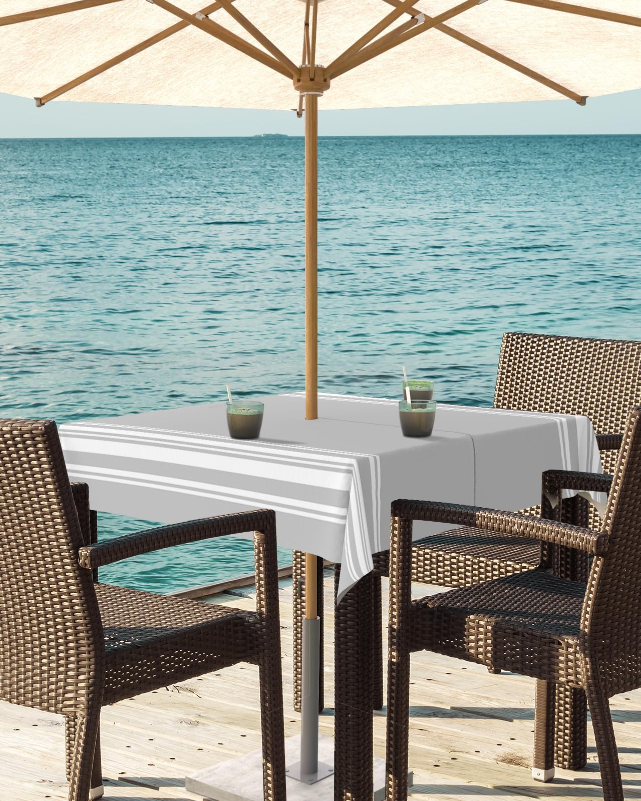 Queenker Outdoor Tablecloth With Umbrella Hole, Farmhouse Gray White Stripe Square Tables Waterproof Tabletop Collection For Pat