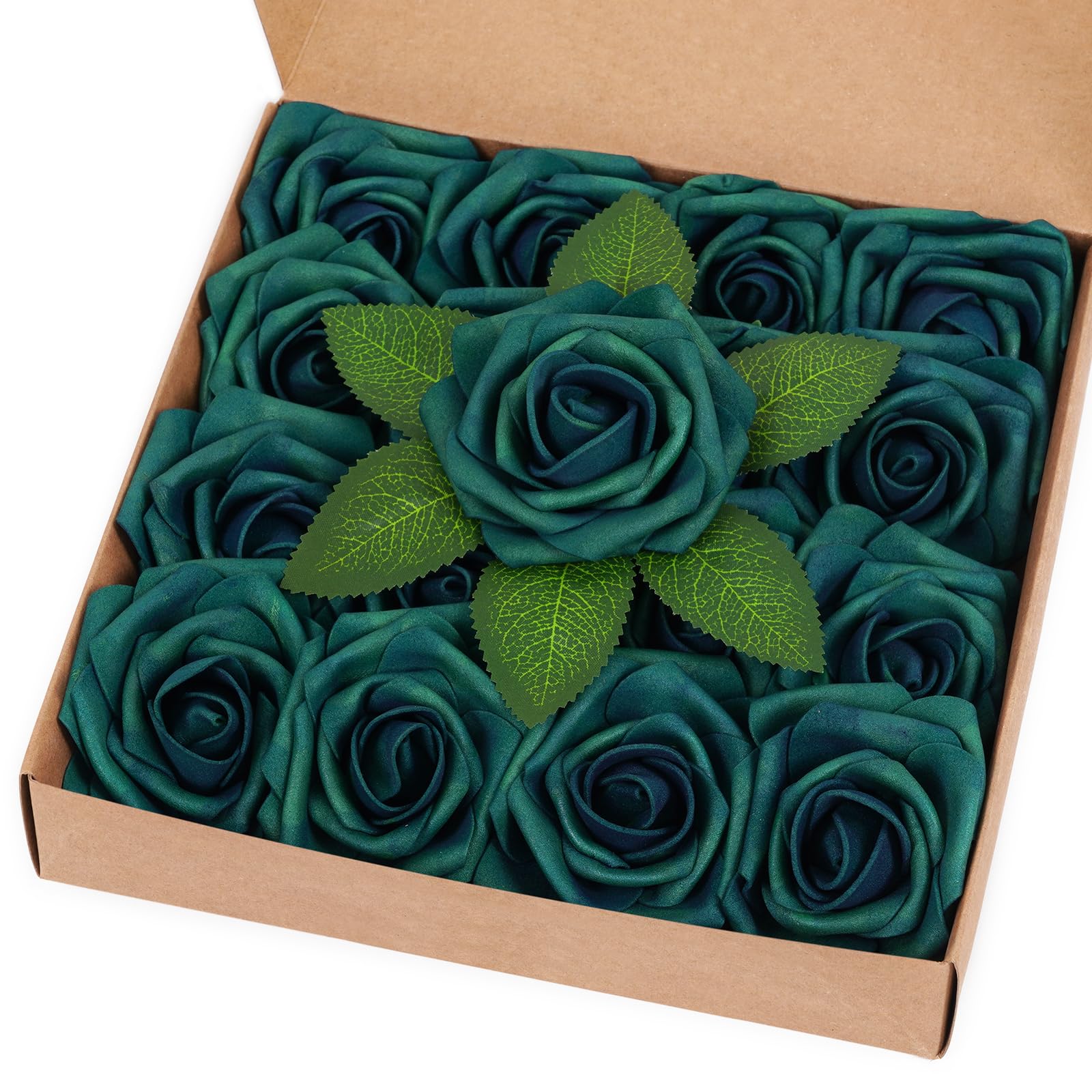BLEUM CADE 16Pcs Artificial Flowers Fake Roses with Stems, Army Green Boxed Foam Roses for DIY Bouquets Centerpieces Wedding Par