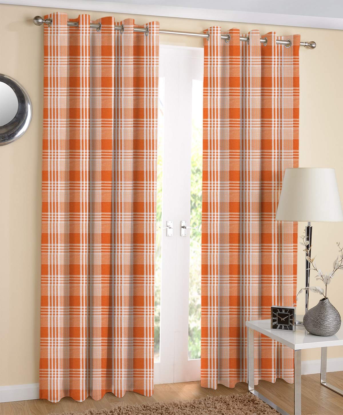 AIRWILL Cotton Checkered Grommet Door Semi Sheer Curtain (Orange, 4 X 7 Ft)  Pack of 2