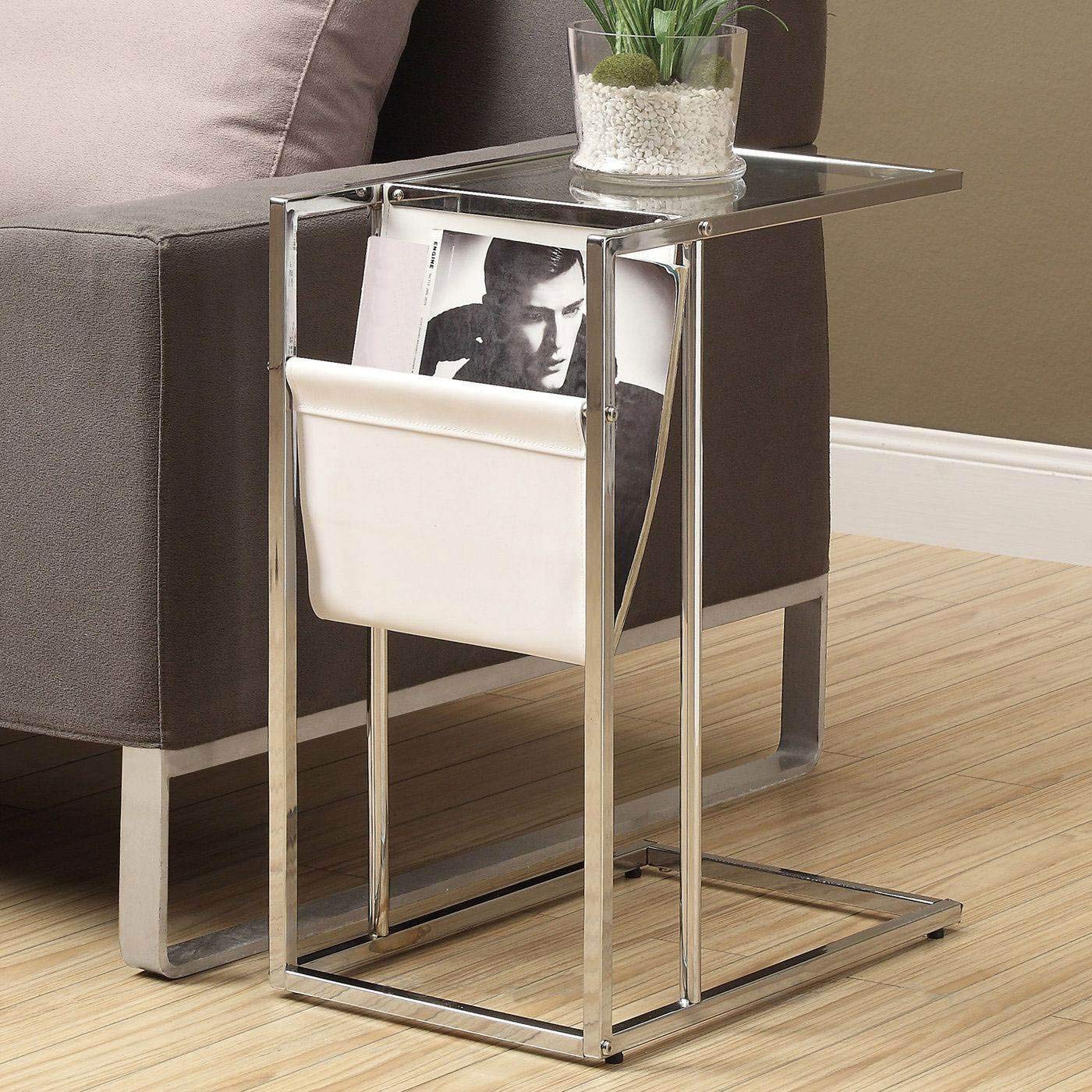 Monarch Specialties 3034, C-Shaped, End, Side, Snack, Storage, Living Room, Bedroom, Pu Leather Look, Clear Accent Table Chrome Metal With A Magazine Rack, 12&quot; L X 19.5&quot; W X 24&quot; H, Glossy White