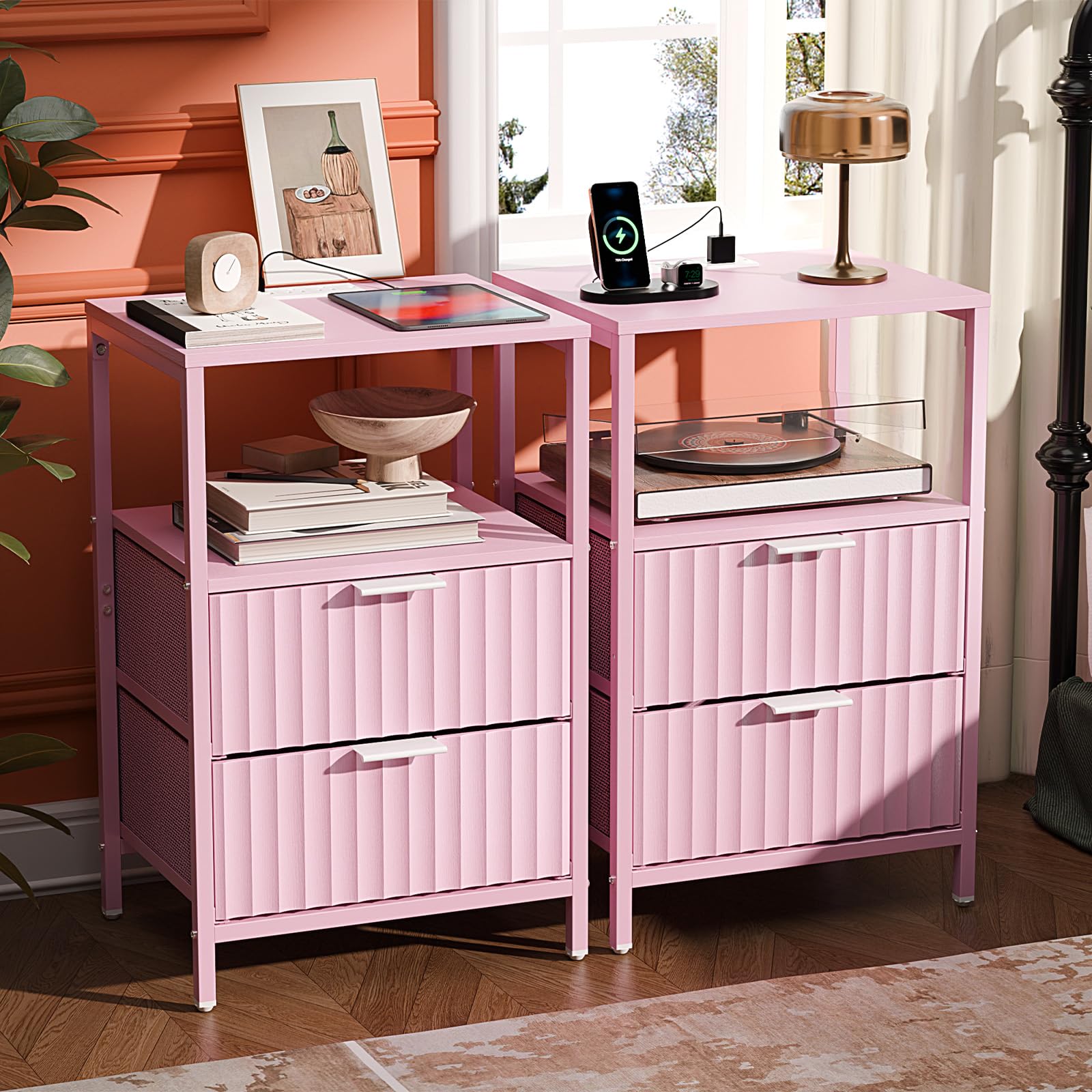 VINGLI Night Stand Set 2 with Fabric Drawers, Pink Nightstands with Charging Station, Fluted Nightstand Pink Bedside Table/Side 