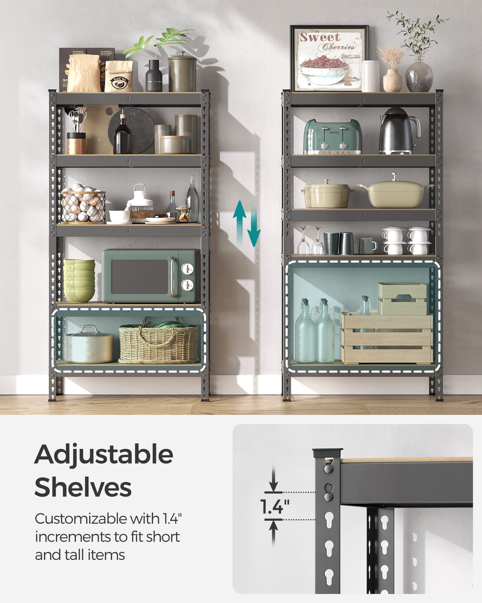 Songmics 5-Tier Storage Shelves, Set Of 2 Garage Storage, Boltless Assembly, Adjustable Shelving Units, 11.8 X 29.5 X 59.1 Inches, Load 1929 Lb Each, Shed Warehouse Basement, Gray Uglr300G02