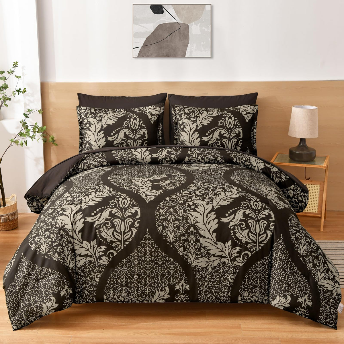 Anibedding Brown Comforter Set King Size,7 Pieces Bed In A Bag Bohemian Damask Comforter And Sheet Set, Soft Lightweight Microfi