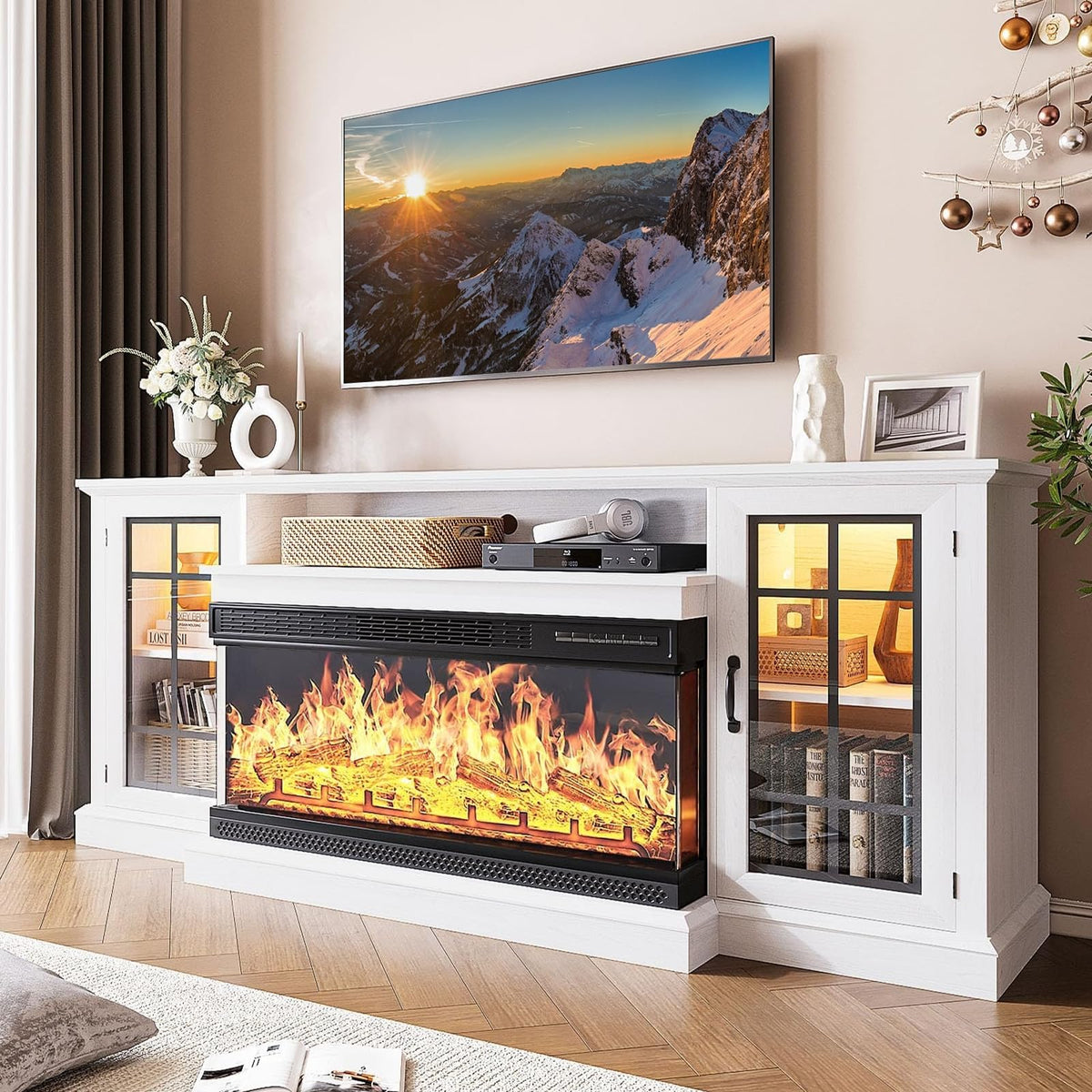 oneinmil 36 Inch 3-Sided Glass Fireplace TV Stand for TVs up to 80'', Rustic Media Entertainment Center Console Table with Glass