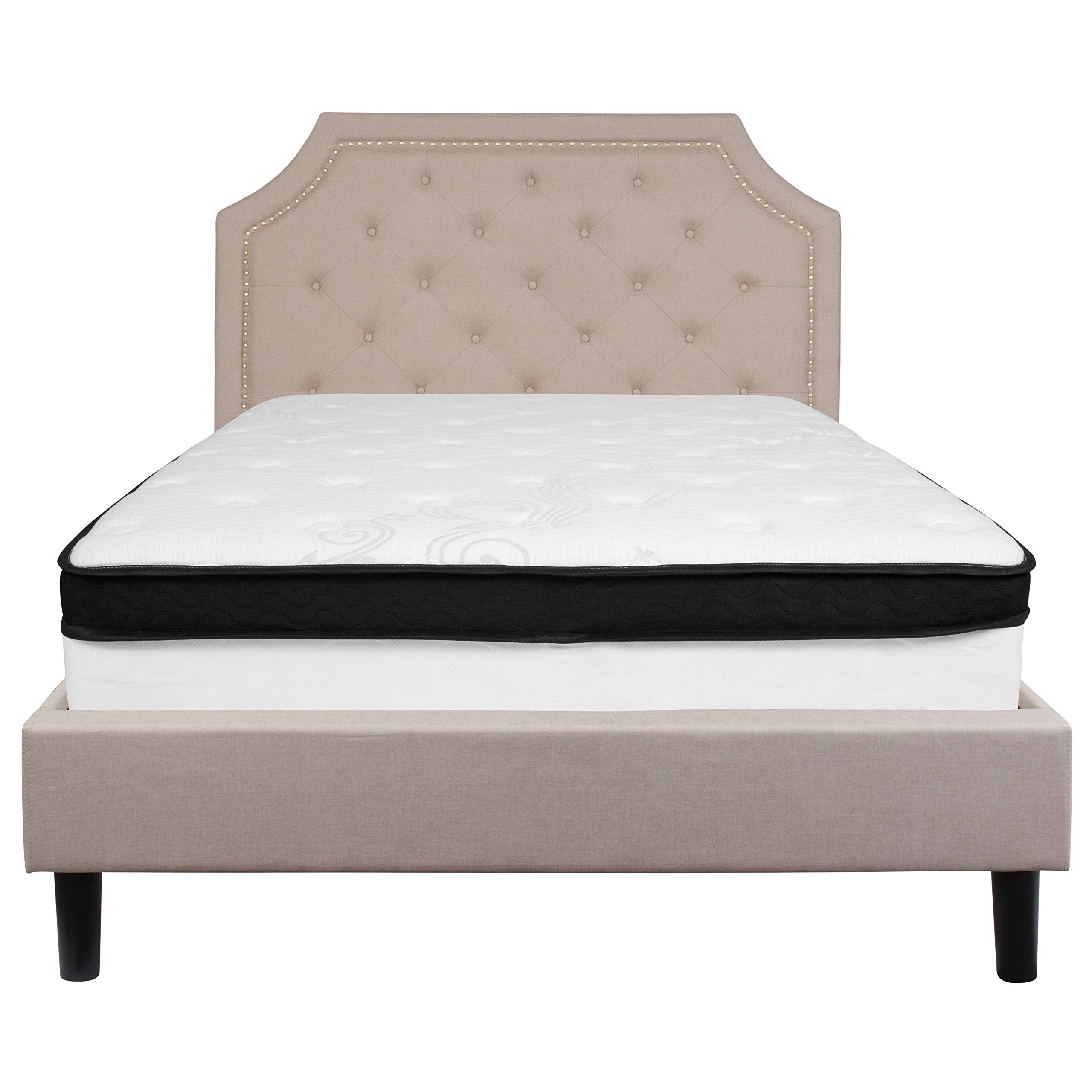 Flash Furniture Brighton Full Size Tufted Upholstered Platform Bed In Beige Fabric With Memory Foam Mattress