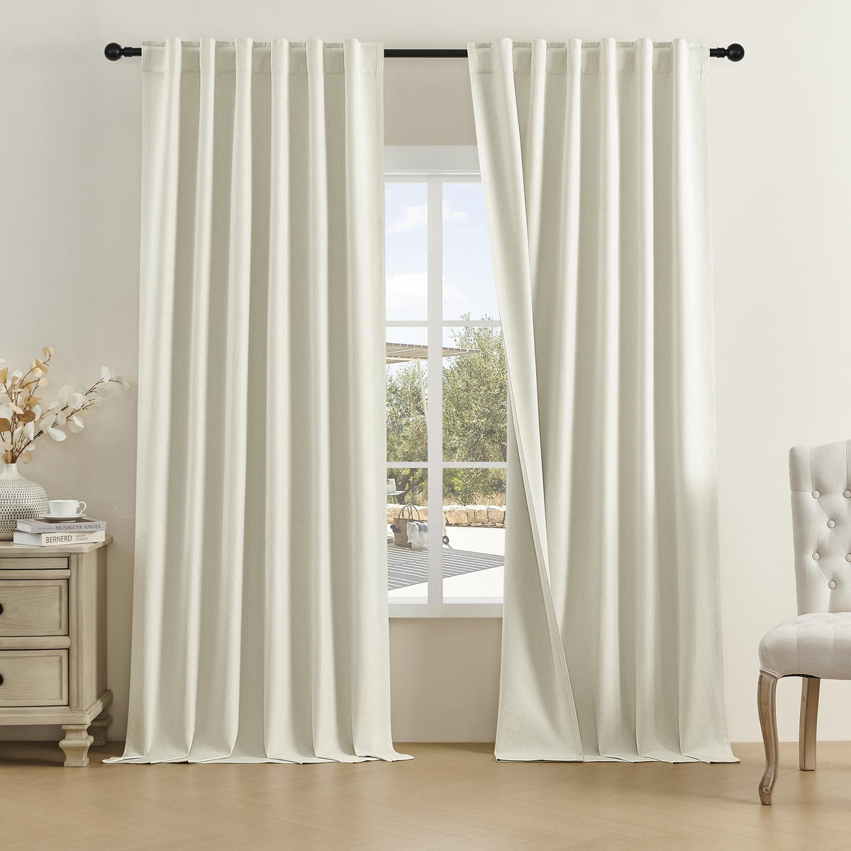 Dualife Beige Linen Curtains 96 Inches Long For Living Room Neutral Curtains 2 Panels Back Tab Loop Pocket Save Energy Privacy C