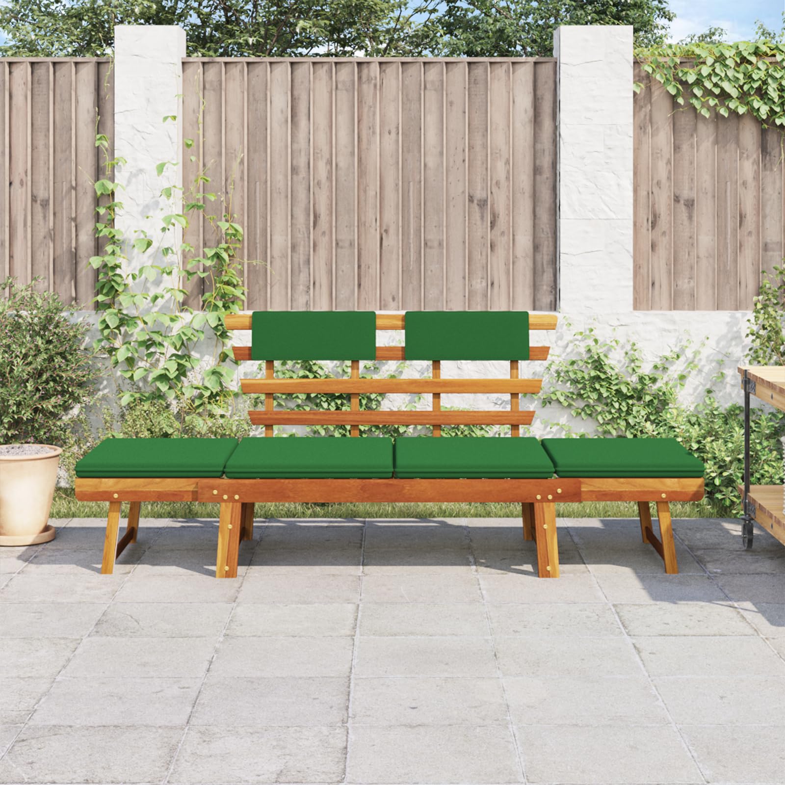 vidaXL 2-in-1 Convertible Outdoor Bench, Patio Daybed, Garden Day Bed, Weather-Resistant Solid Acacia Wood, 26.8" x 74.8" x 29.1" Brown Frame & Green Cushion