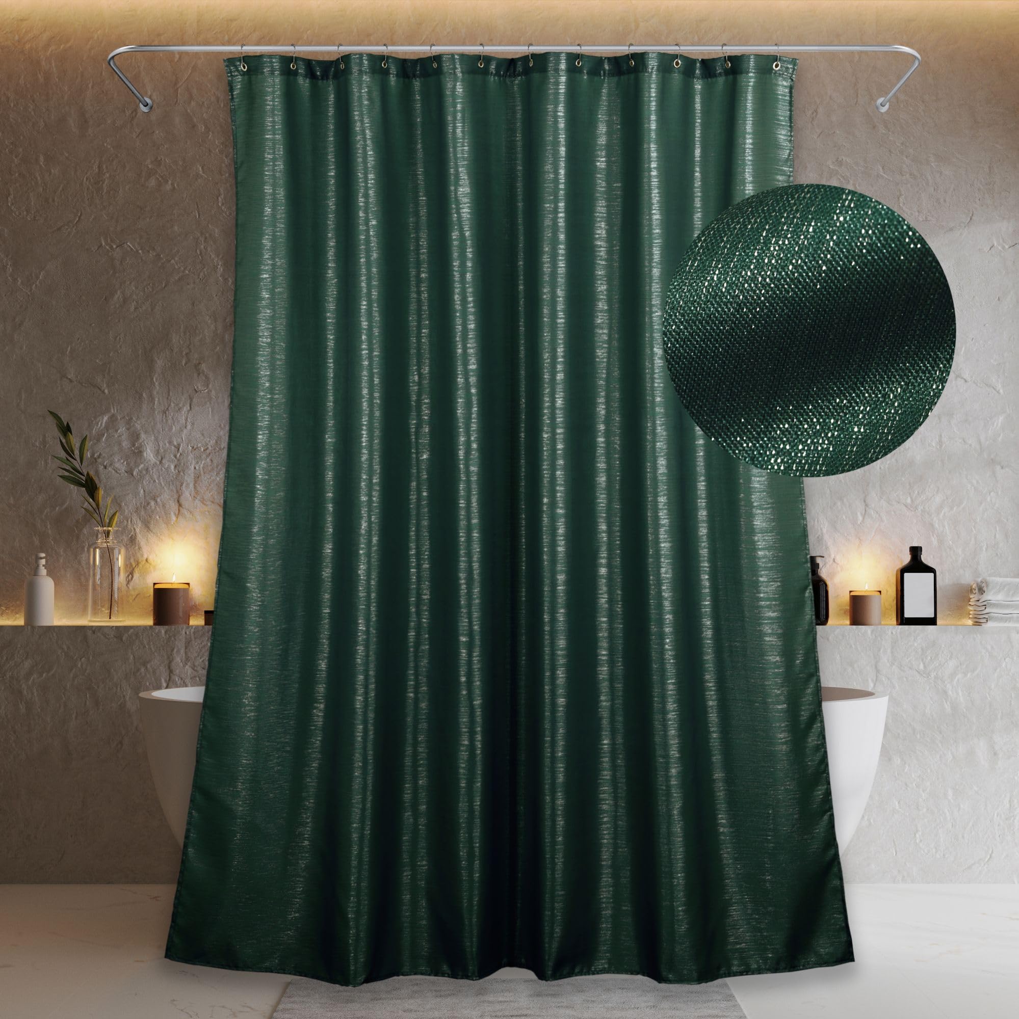 Popkozzi Green Long Glitter Shower Curtain: 84 Inch Extra Tall Silver Metallic Shimmery Bling Shiny Textured Fabric Decorative S