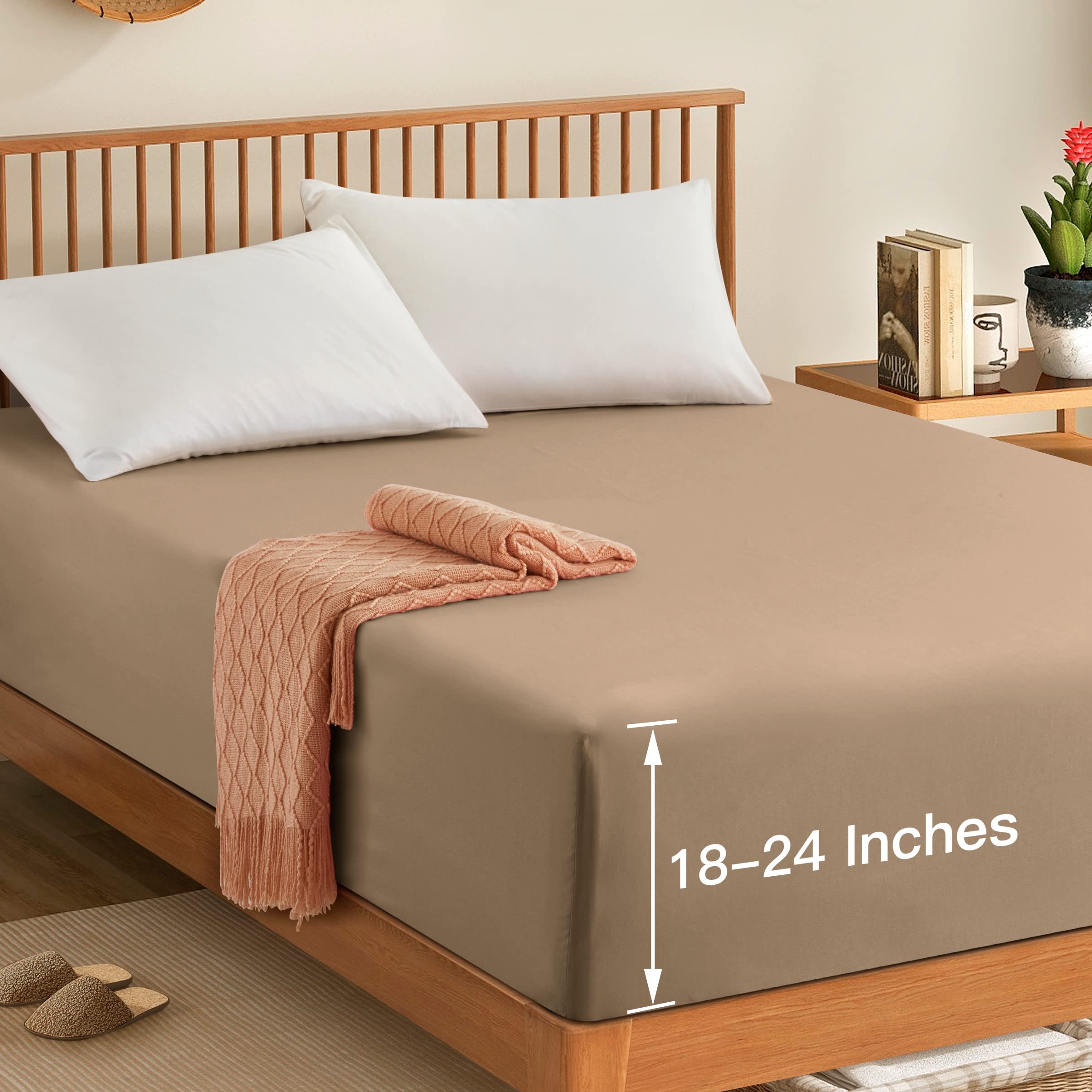 Manyshofu Queen Extra Deep Pocket Fitted Sheet Only - 1800 Thread Count Hotel Deep Fitted Sheet Up To 24 Inches Mattress, Taupe