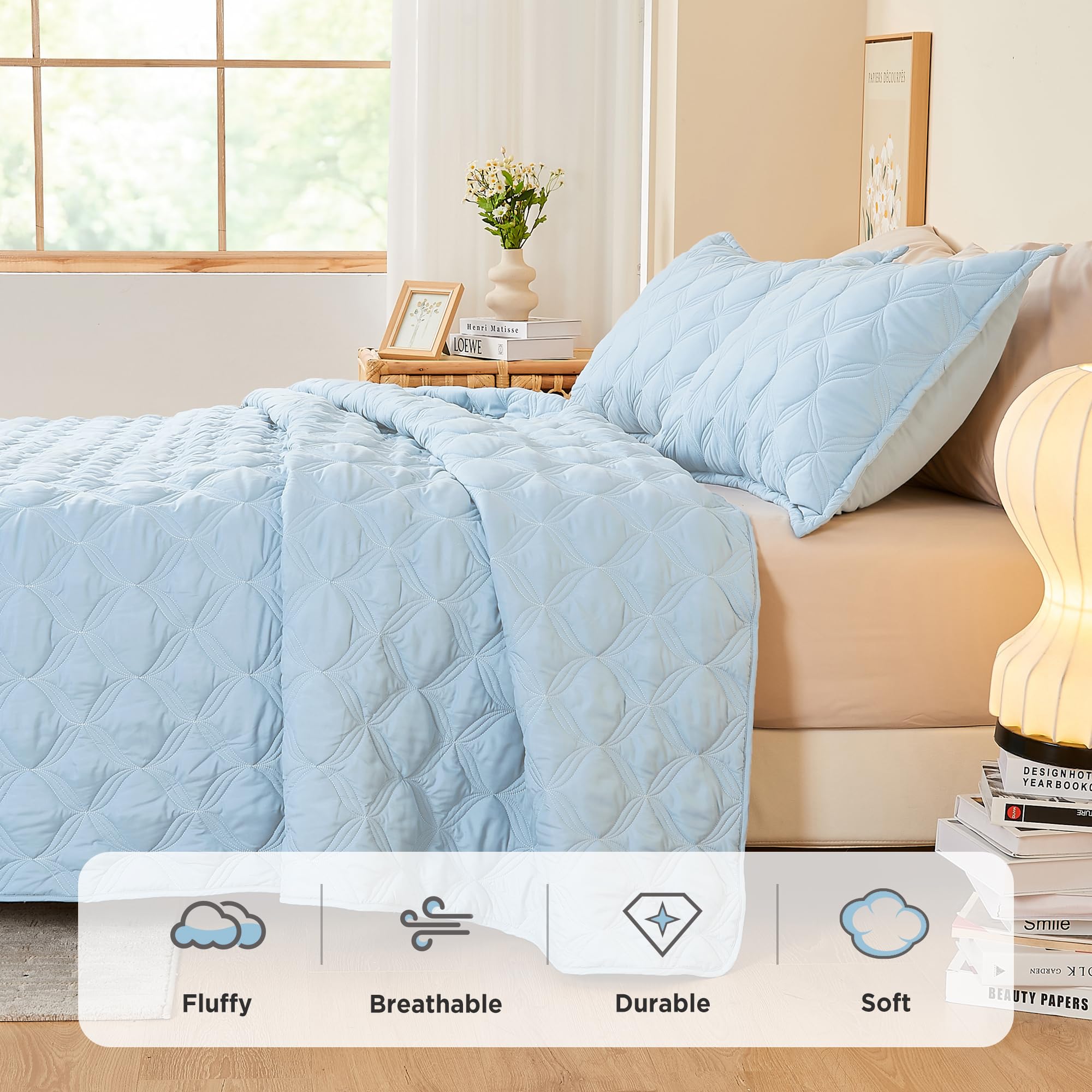Litanika King Size Quilt Bedding Set, Light Blue Summer Lightweight Soft Comforter Bedspreads & Coverlets, Boho Farmhouse Beddin