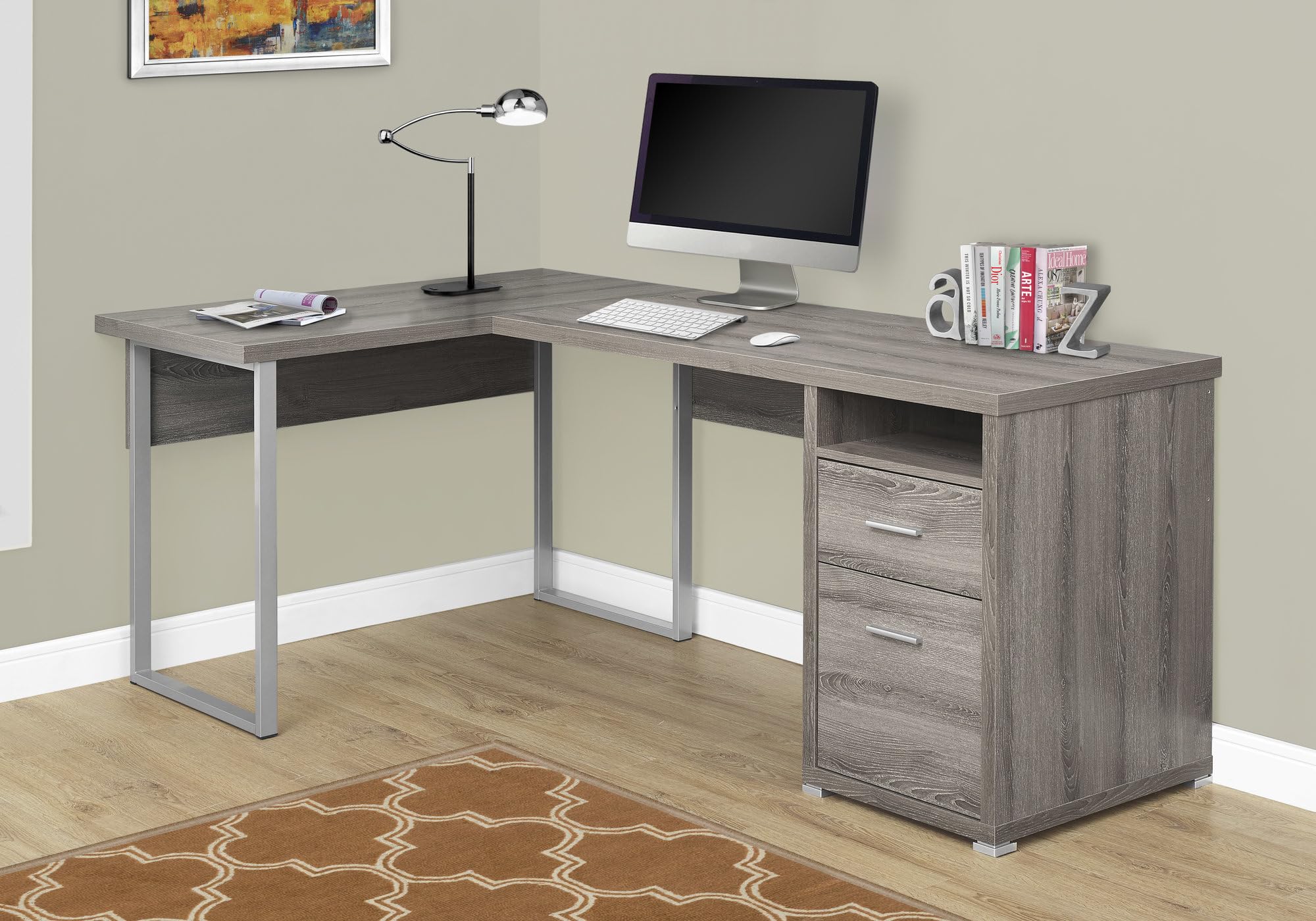 Monarch Specialties I 7256 Computer Desk, Home Office, Corner, Left, Right Set-Up, Storage Drawers, 80&quot;L, L Shape, Work, Laptop, Metal, Laminate, Brown, Grey