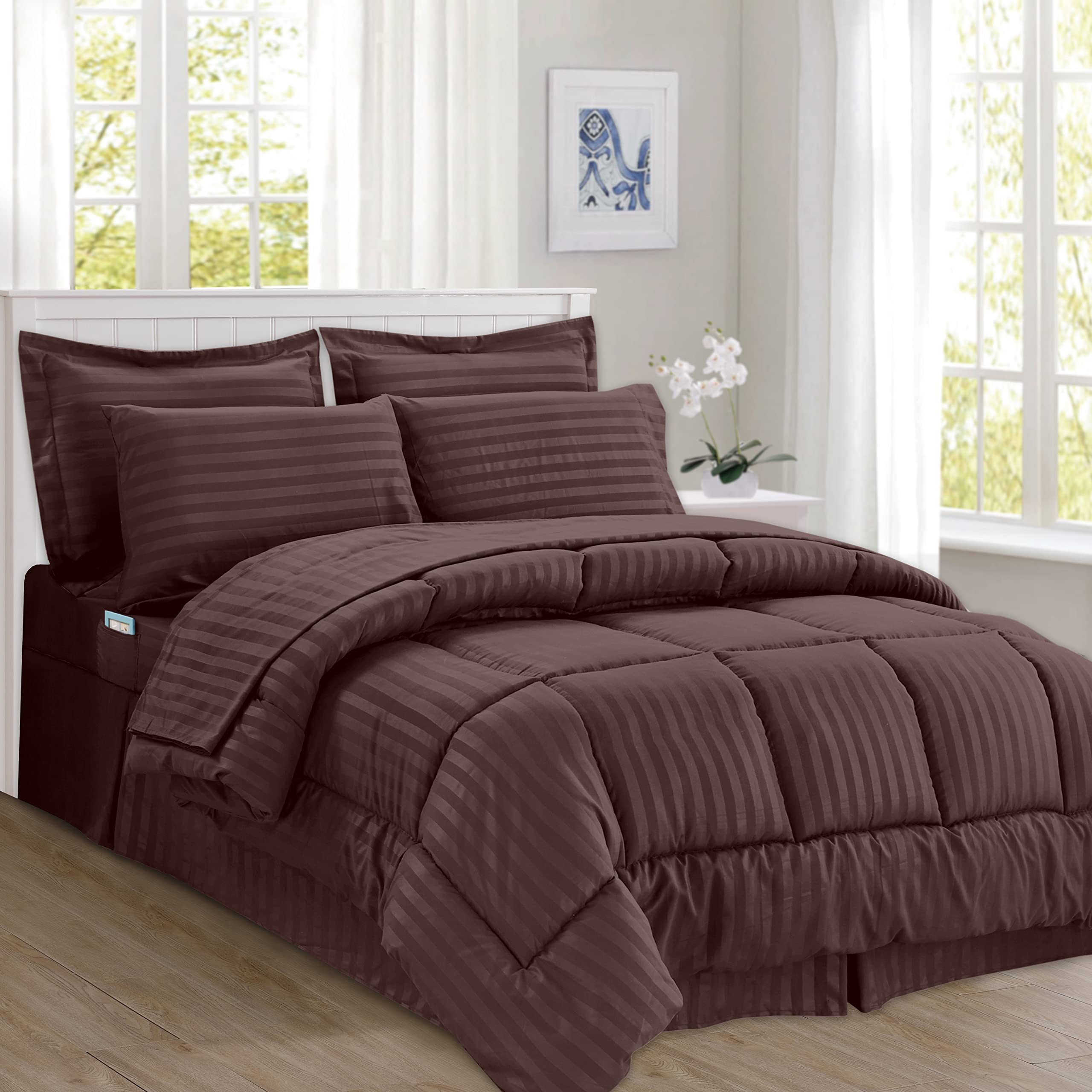 Elegant Comfort Silky Soft 8-Piece Dobby Stripe Bed-In-A-Bag Comforter Set, Includes 4Pc Smart Sheet Set, Bed Skirt, Comforter, Matching Pillowcases And Shams - Twin/Twin Xl, Chocolate Brown