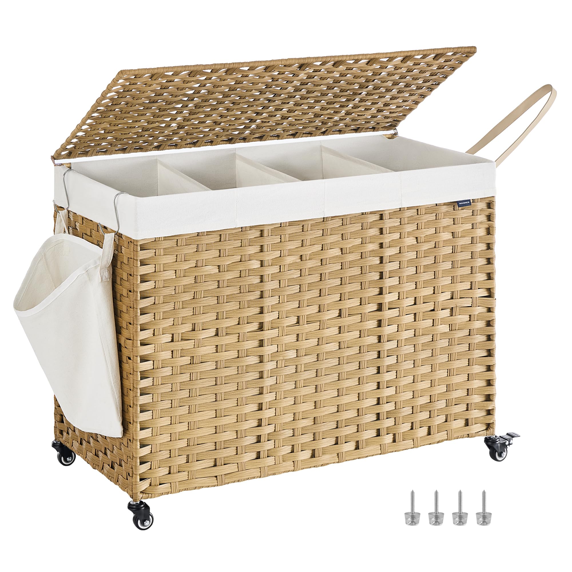 SONGMICS Laundry Hamper with Lid, 55.4 Gallons (210 L), Rolling Laundry Basket with Wheels, 4-Section Synthetic Rattan, Removabl