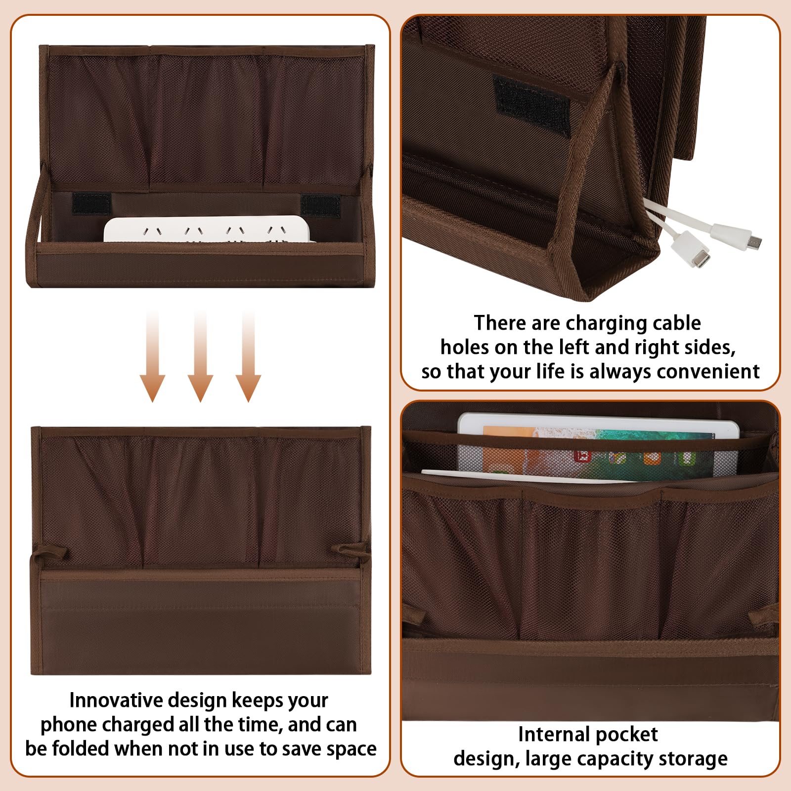 Retyion Bedside Storage Organizer With Power Strip Holder And Adjustable Straps Bed Hanging Bag For Home Bunk Bed Dorm Sofa (Bro