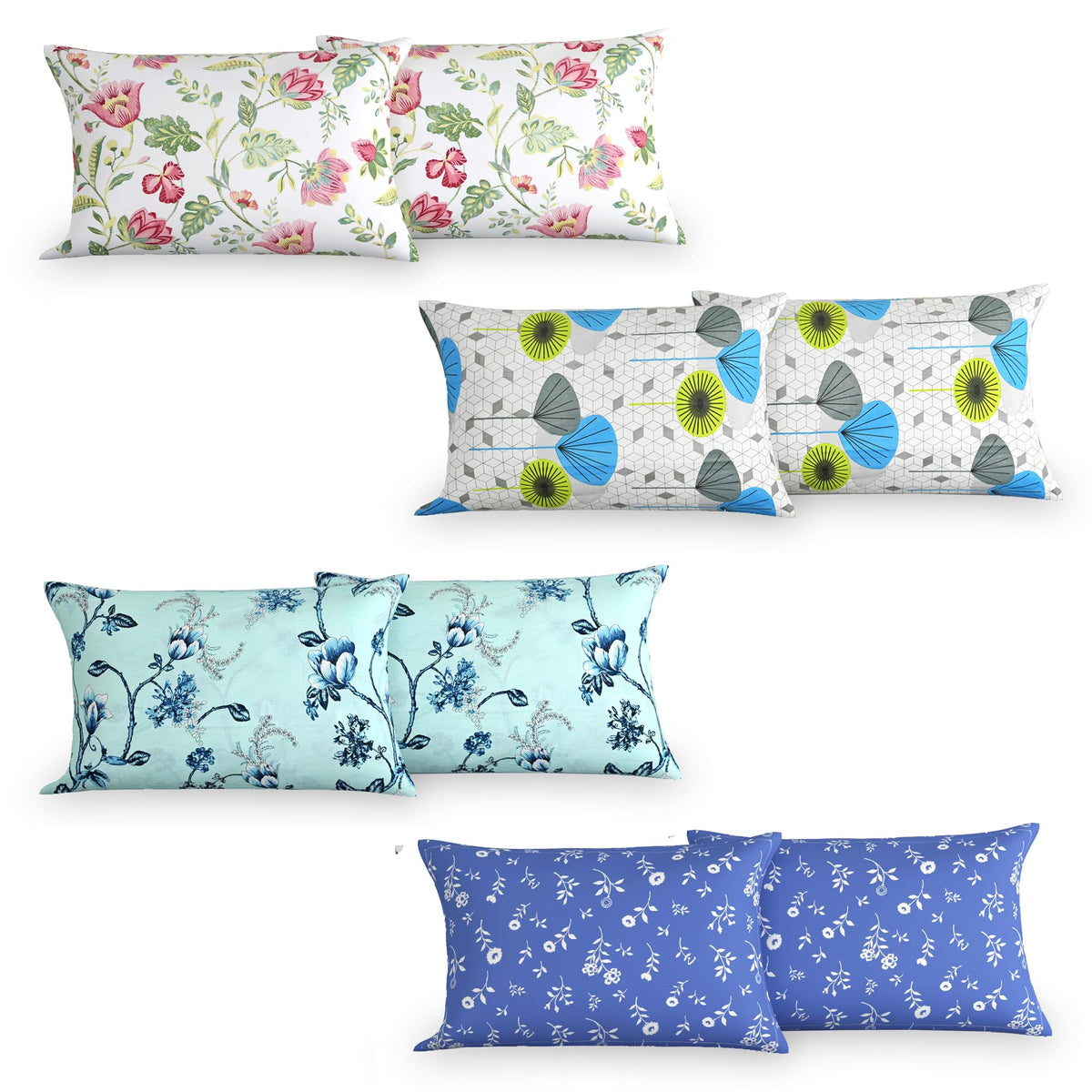 Divine Casa Cotton Mix/Random Design Standard Size Printed Pillow Covers/Cases Set Of 4 (Total 8 Pcs) Multicolor