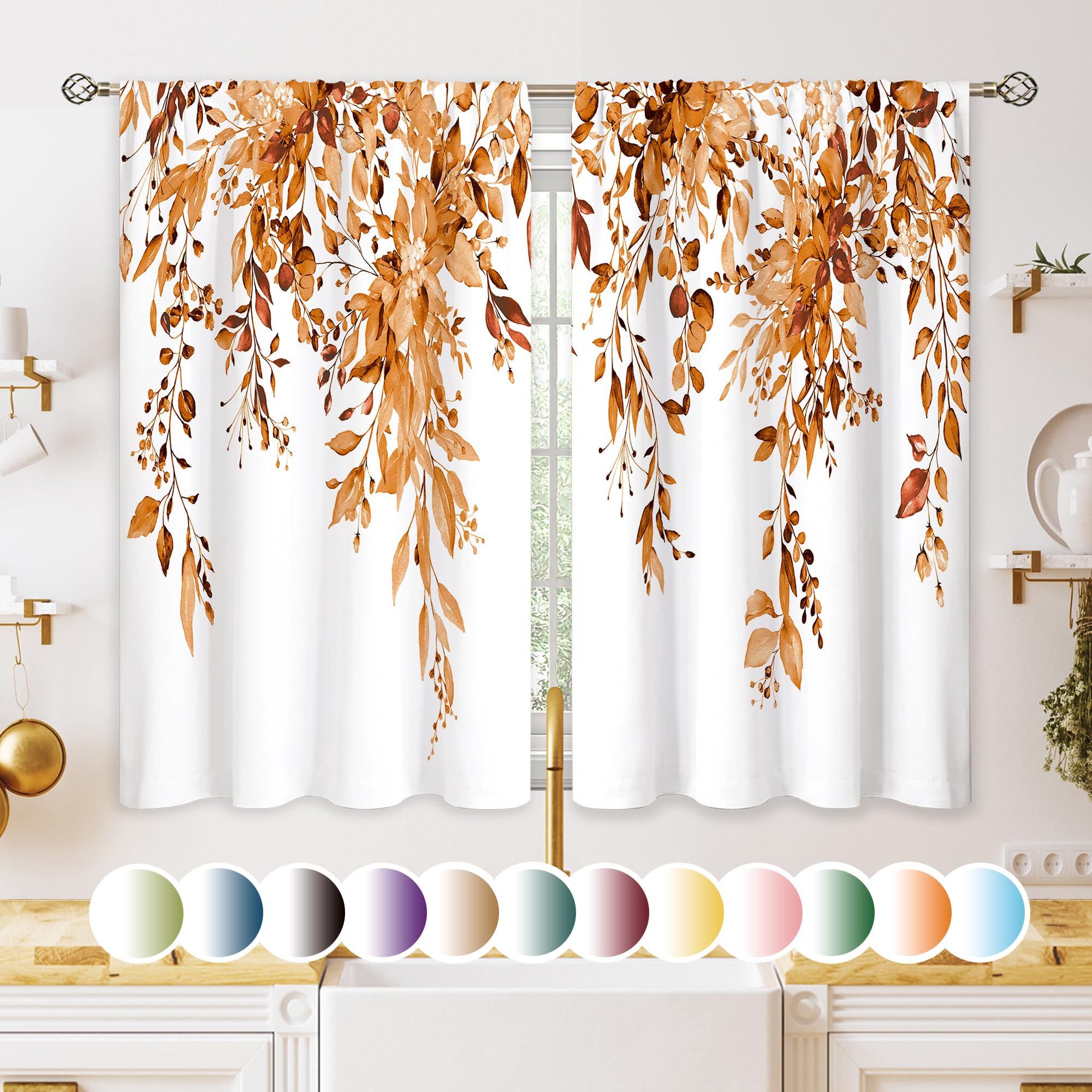 Oolygoo Orange Eucalyptus Botanical Leaves Floral Kitchen Window Curtains Over Sink Farmhouse Flower Fall Small Window Treatment