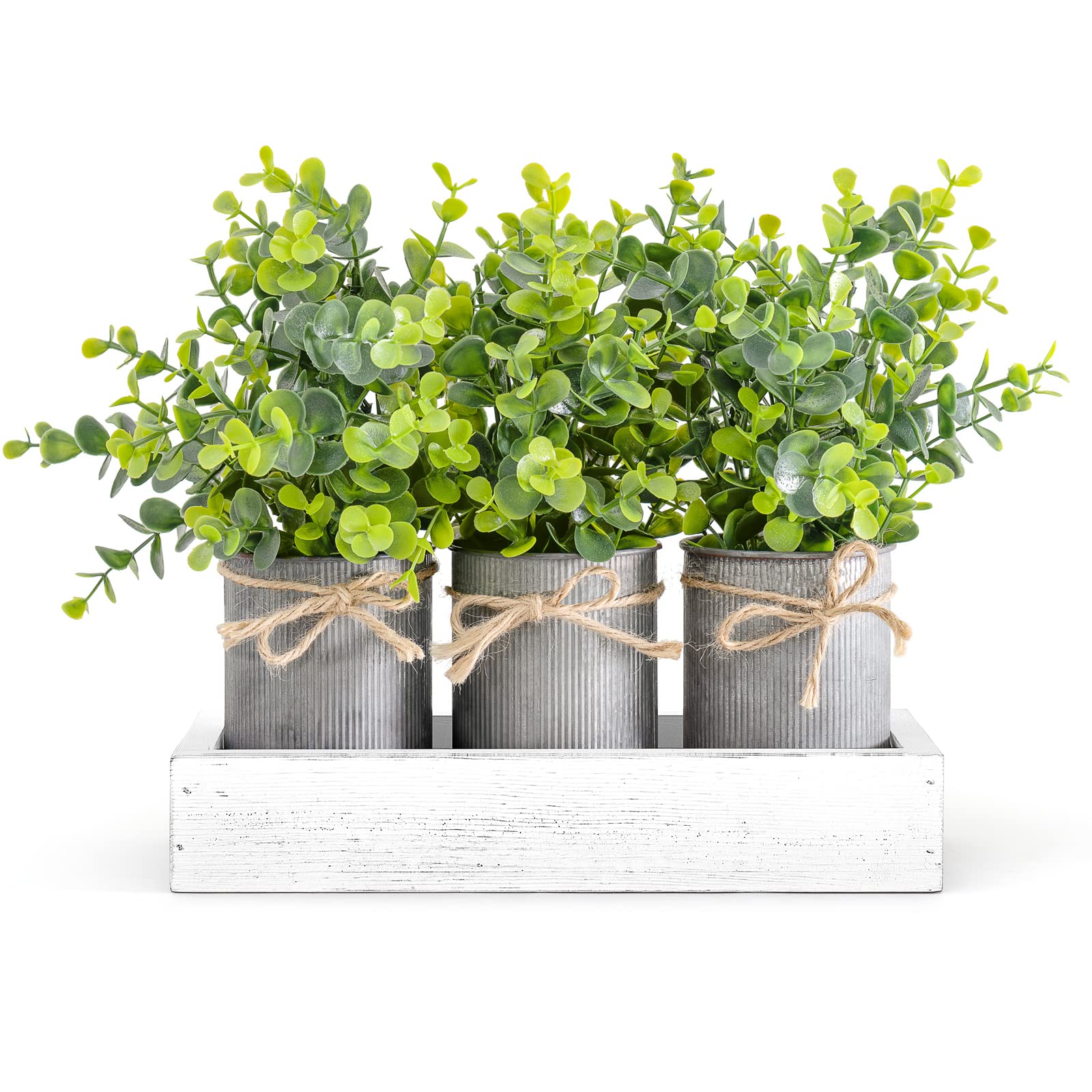 Dahey Decorative Galvanized Metal Pots Centerpiece Decor Wood Tray with Artificial Plant, 3 Buckets with Eucalyptus, Rustic Farm
