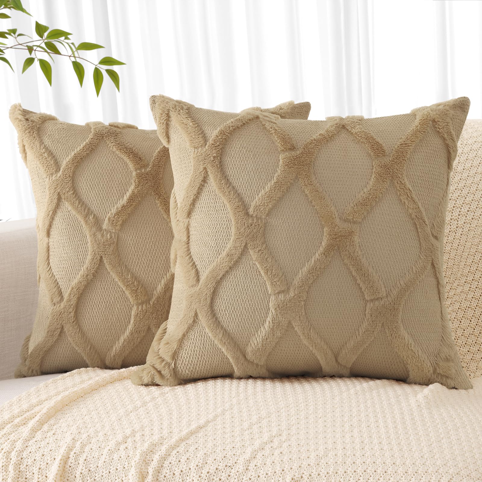 Decoruhome Throw Pillow Covers 24X24 Inch Set Of 2, Soft Plush Faux Fur Wool Khaki Couch Pillow Covers, Decorative Pillow Cases For Bed Sofa Living Room Home Decor