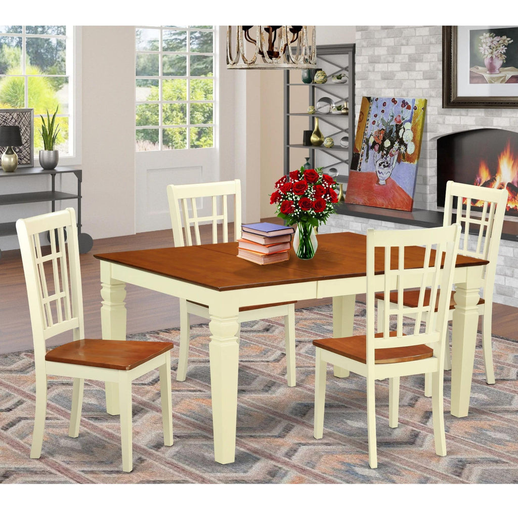 East West Furniture WENI5-BMK-W 5 Piece Kitchen Table Set for 4 Includes a Rectangle Dining Room Table with Butterfly Leaf and 4 Dining Chairs, 42x60 Inch, Buttermilk & Cherry