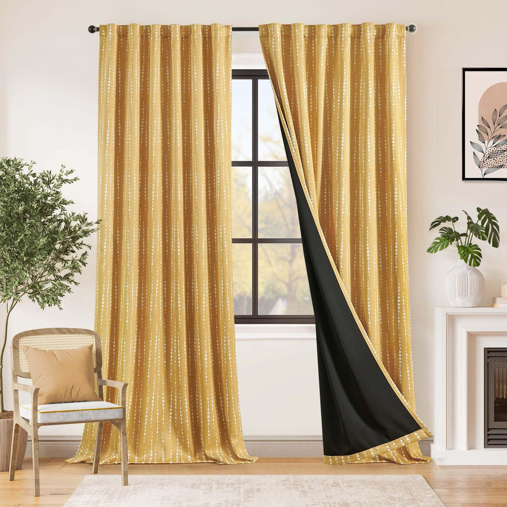 Jinchan 100% Blackout Boho Curtains Moon Phases Printed Bedroom Curtains 96 Inches Long Mustard Drapes Rod Pocket Thermal Insulated Curtains For Nursery Yellow Window Drapes Curtain Set 2 Panels