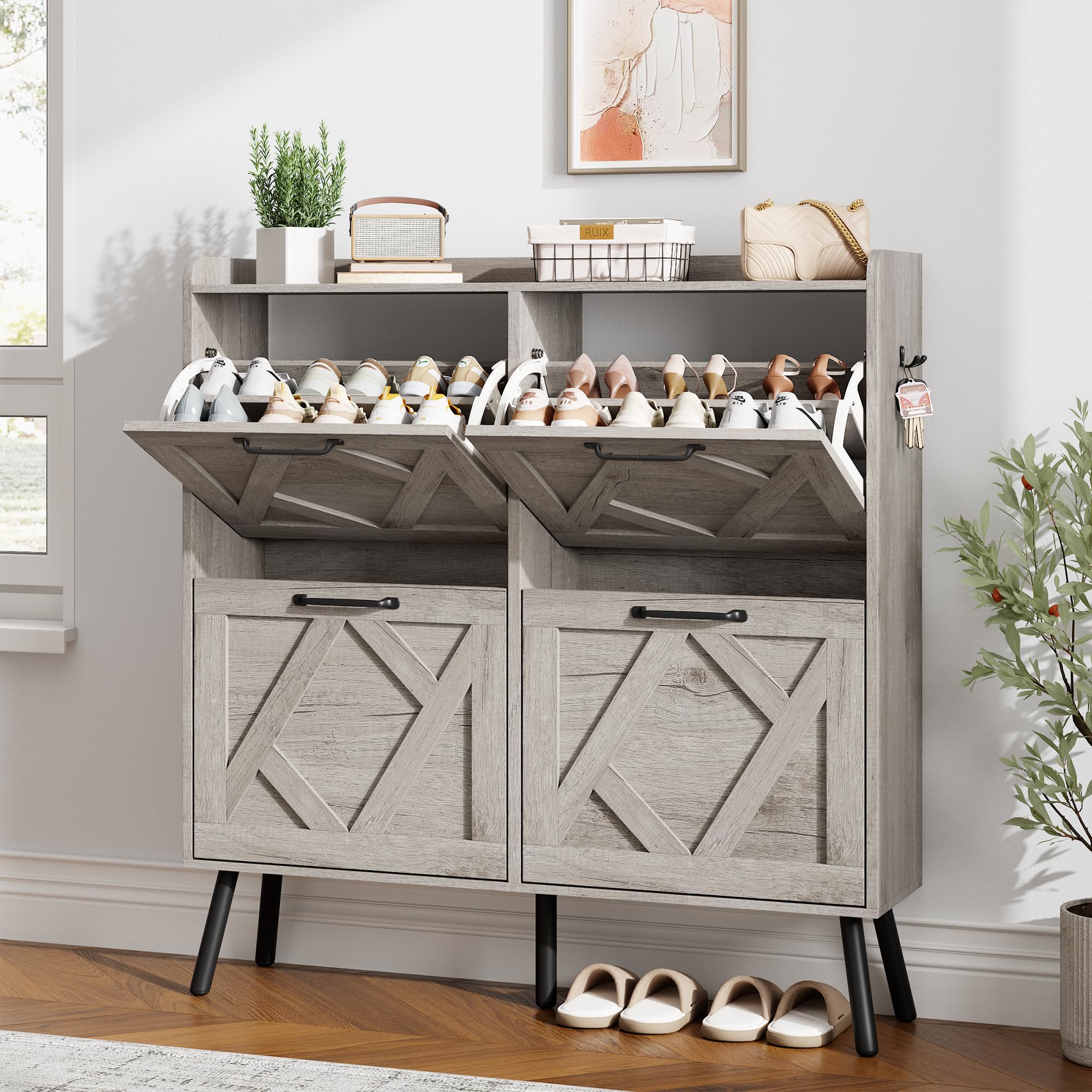 Nicetree Shoe Cabinet with 4 Flip Drawers, Freestanding Shoe Organizer Cabinet, Farmhouse Narrow Shoe Storage Cabinet for Entryw