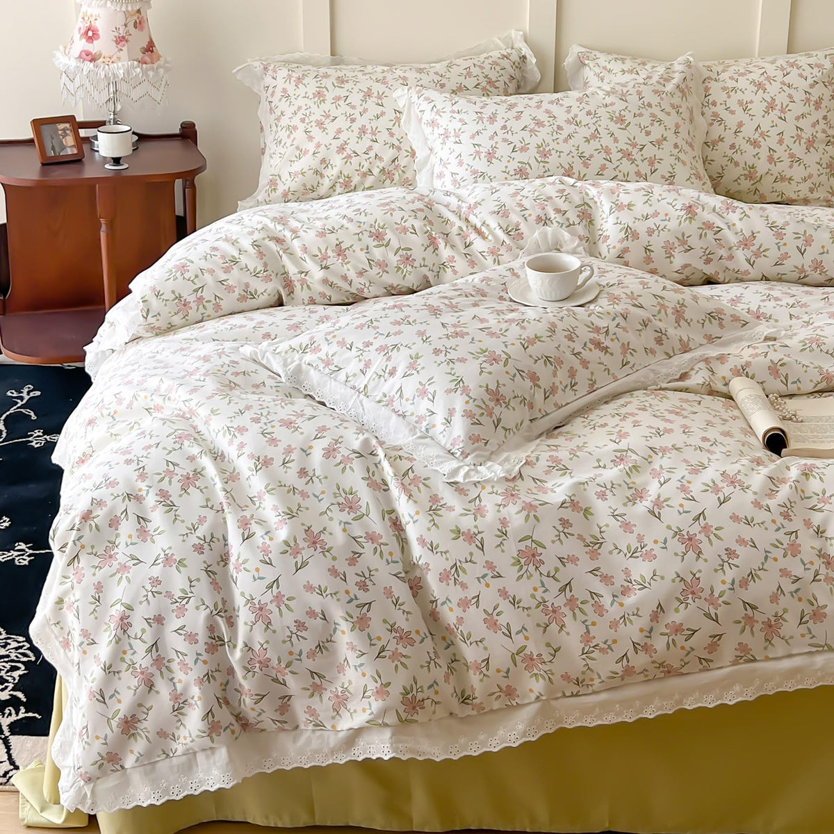 Vm Vougemarket Girls Ruffle Bedding Pink Flower Duvet Cover Set Queen Princess Lace Bedding Set Cotton Teen Girls Floral Duvet C