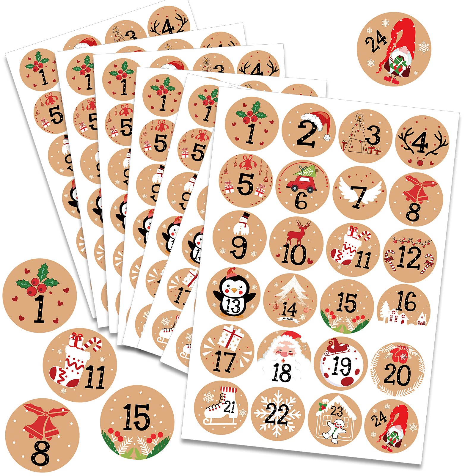 HOWAF 192pcs Christmas Advent Stickers 1-24 Christmas Number Stickers Round Kraft Christmas Countdown Stickers DIY Advent Calend