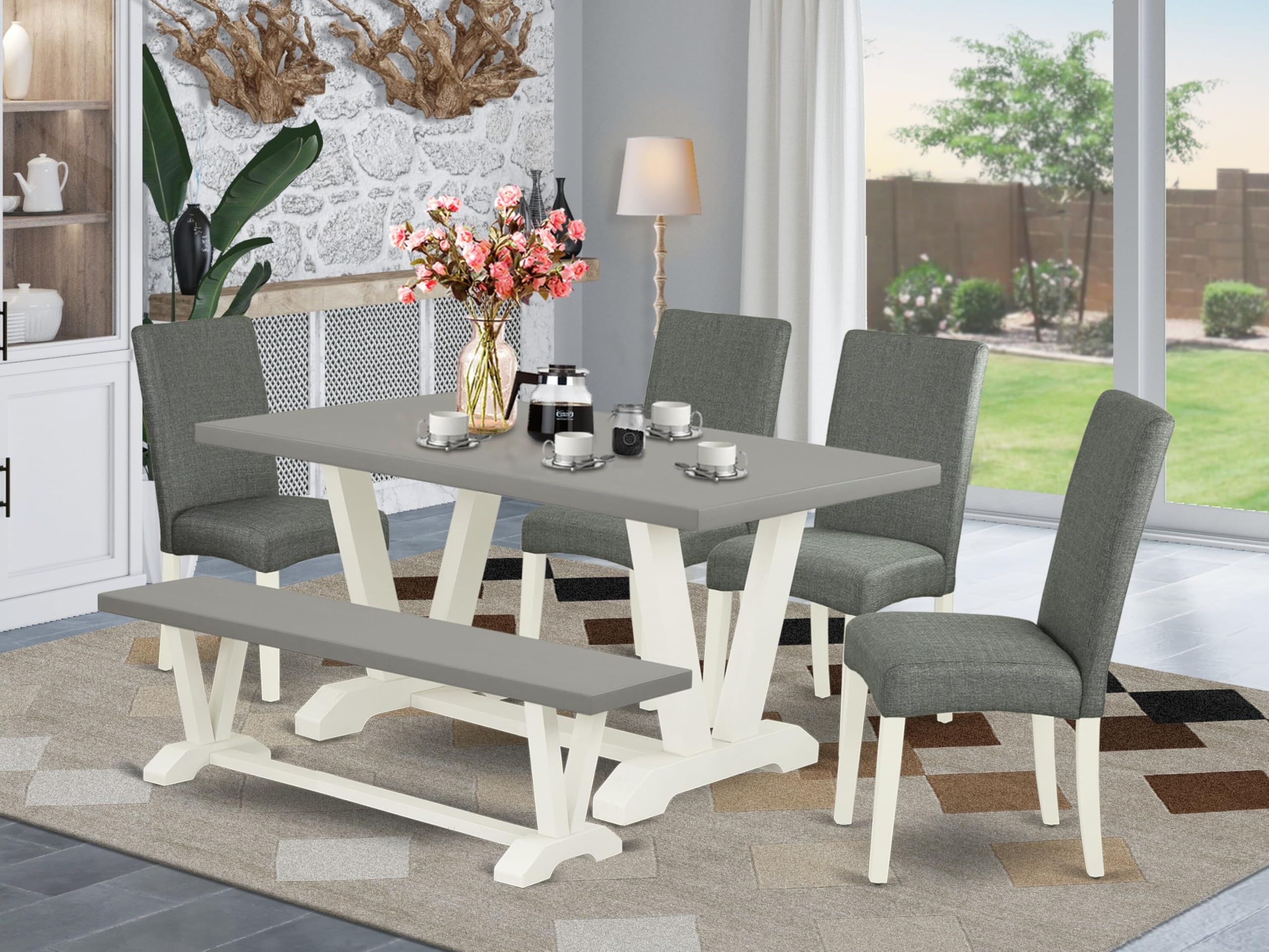 East West Furniture V096Dr207-6 6 Piece Kitchen Table Set Contains A Rectangle Dining Table With V-Legs And 4 Gray Linen Fabric Parson Chairs With A Bench, 36X60 Inch, Multi-Color