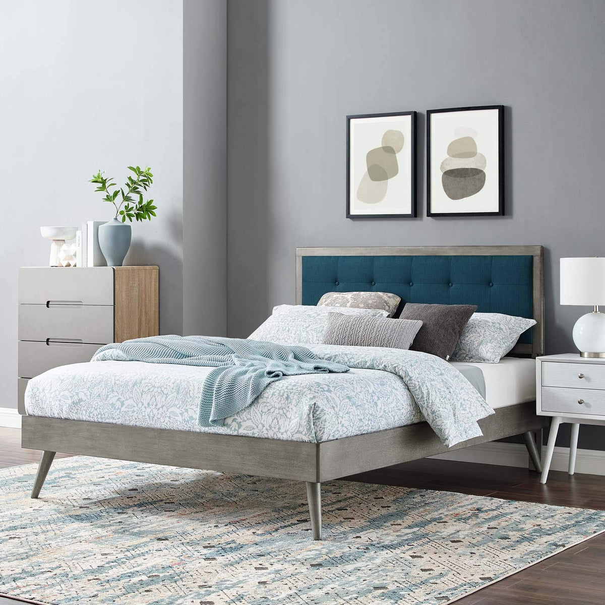 Modway Mod-6638-Gry-Azu Willow King Wood Platform Bed With Splayed Legs, Gray Azure