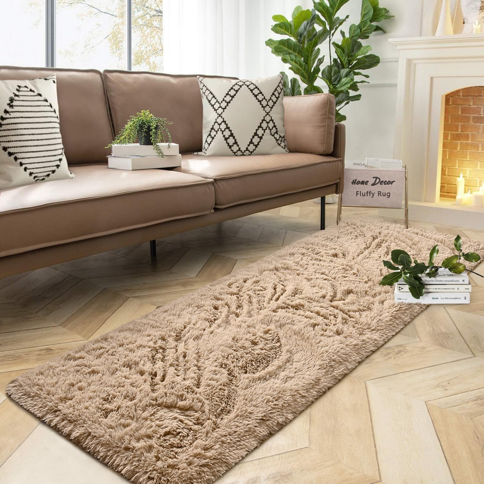 DweIke Soft Bedside Rug for Bedroom, 2x6 ft Plush Fluffy Carpets, Beige Living Room Rugs for Girls Kids Room Nursery Home Decor,