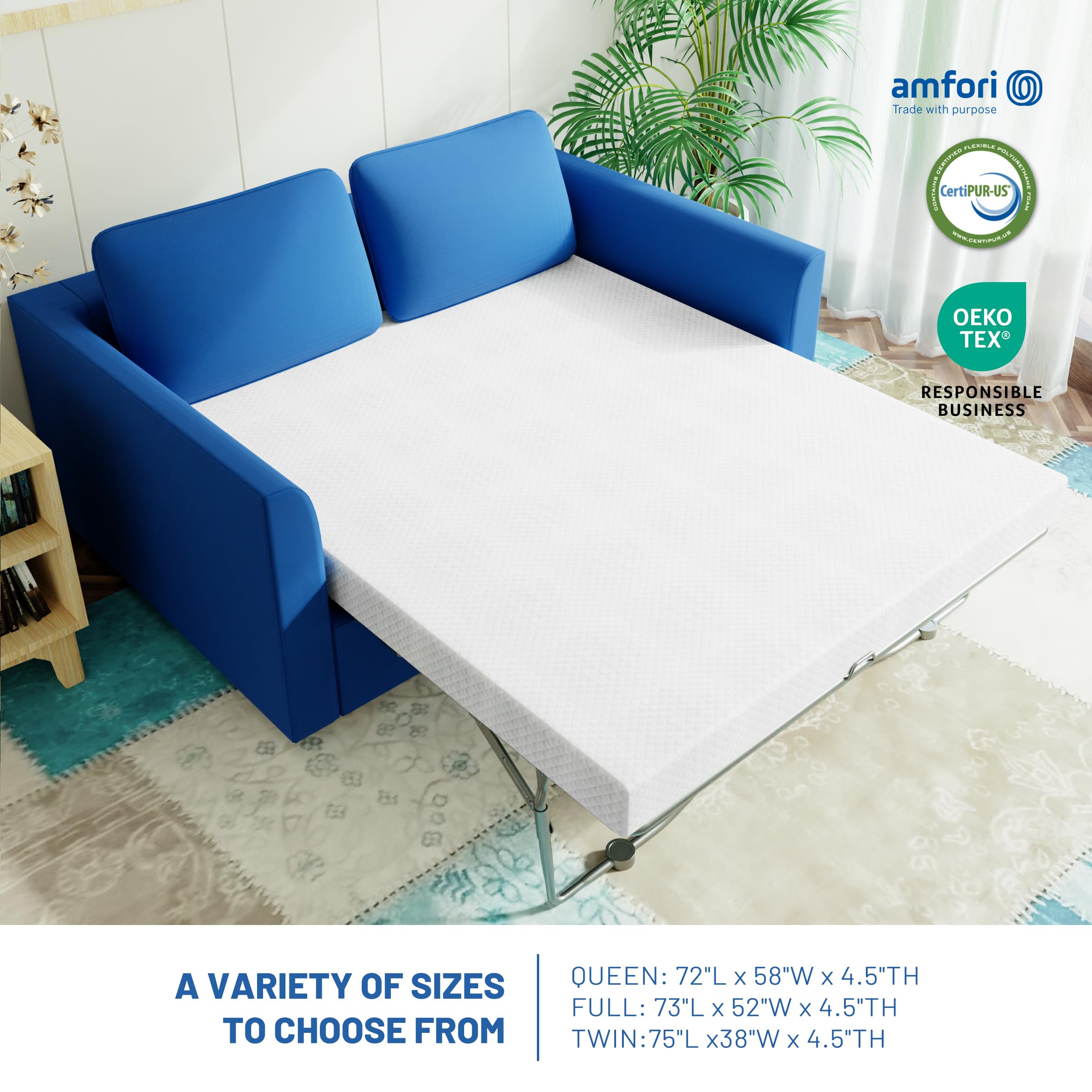 Rhyme Source 4.5 Inch Gel Memory Foam Sofa Bed Mattress Replacement, Full Size, White, Medium Firmness