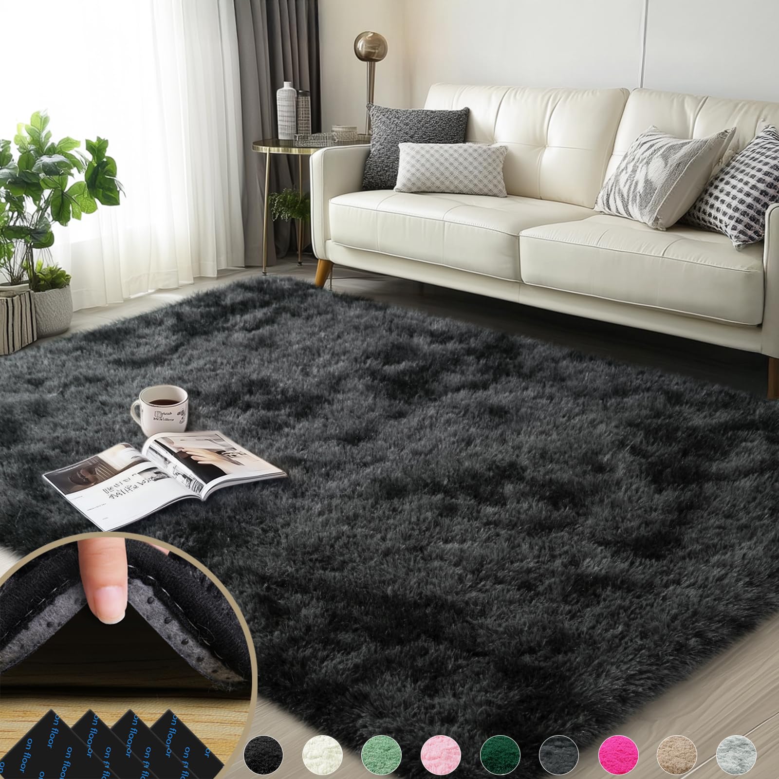 Mugorn 3x5 Rugs for Bedroom, Fluffy Area Rugs for Living Room, Soft Shag Kids Rug Small Carpet with 4 Non-Slip Rug Pads (Black G