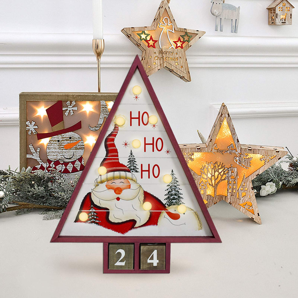 E-View Wooden Advent Countdown Calendar With Lights And 2 Blocks - Days Until Christmas Countdown - Wood Snowman Santa Christmas