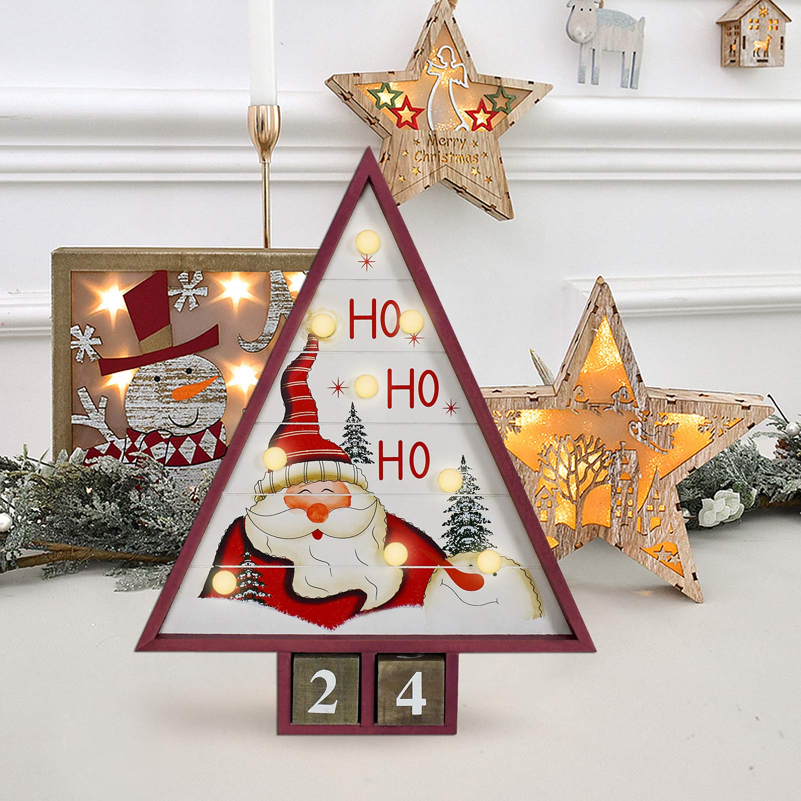 E-View Wooden Advent Countdown Calendar With Lights And 2 Blocks - Days Until Christmas Countdown - Wood Snowman Santa Christmas