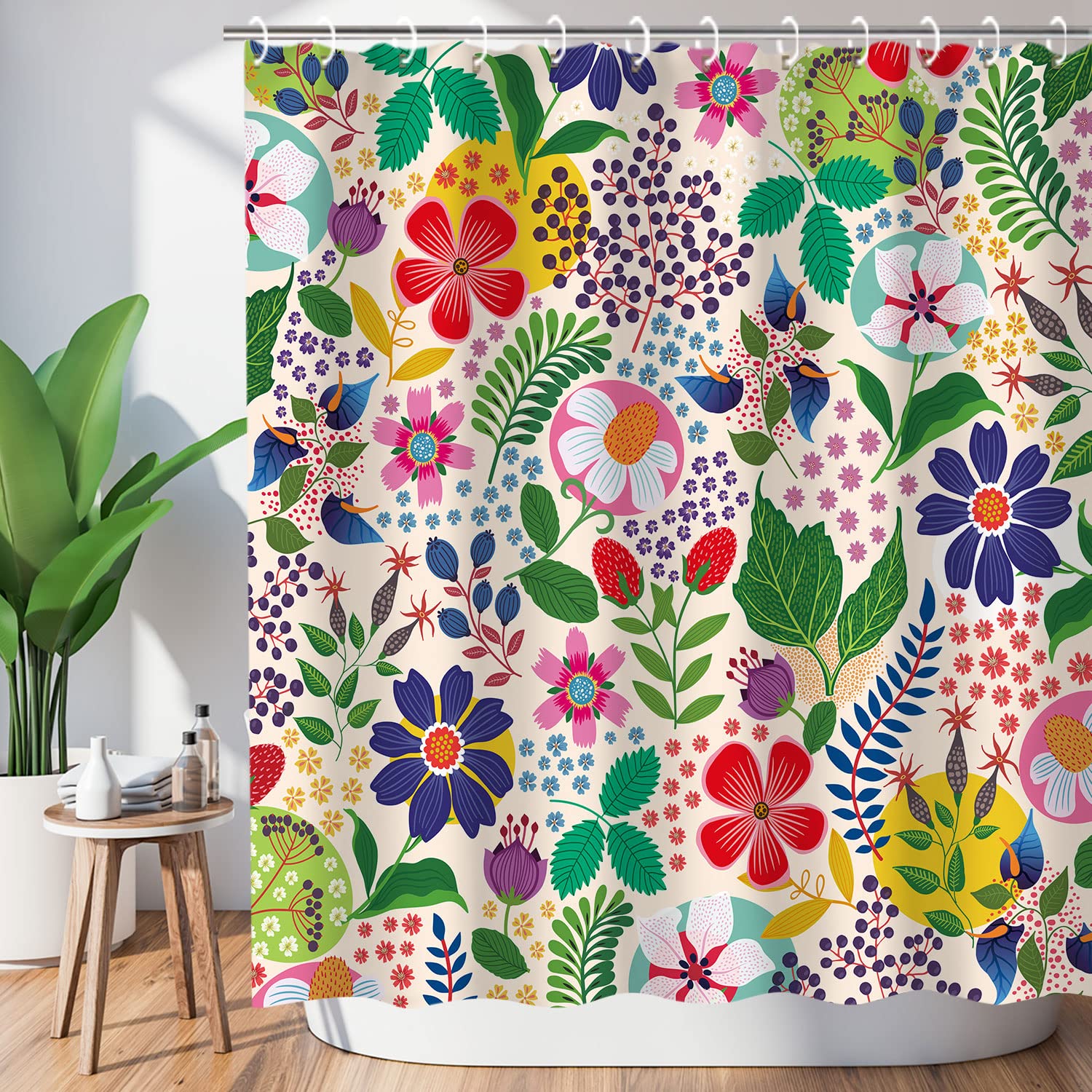 LIVILAN Floral Shower Curtain Colorful Shower Curtain Flower Boho Bright Unique Flowered Fabric Bohemian Shower Curtain for Bath