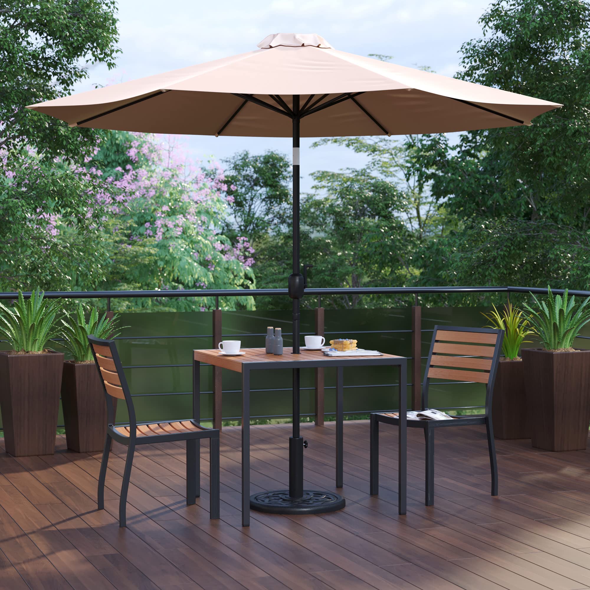Flash Furniture Lark 5 Piece Patio Table Set - 2 Synthetic Stackable Faux Teak Chairs - 35&quot; Square Faux Teak Table - Tan Umbrella with Base