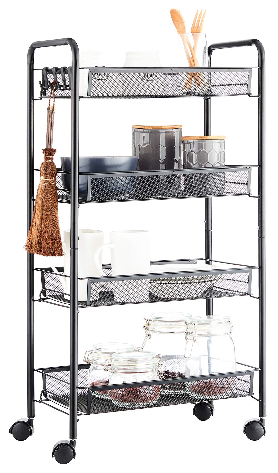 JANE EYRE Rolling Utility Storage Rack Cart on Wheels, Trolley Carft cart, Multi-Purpose Organizer Shelf (Black, 4 Tier)