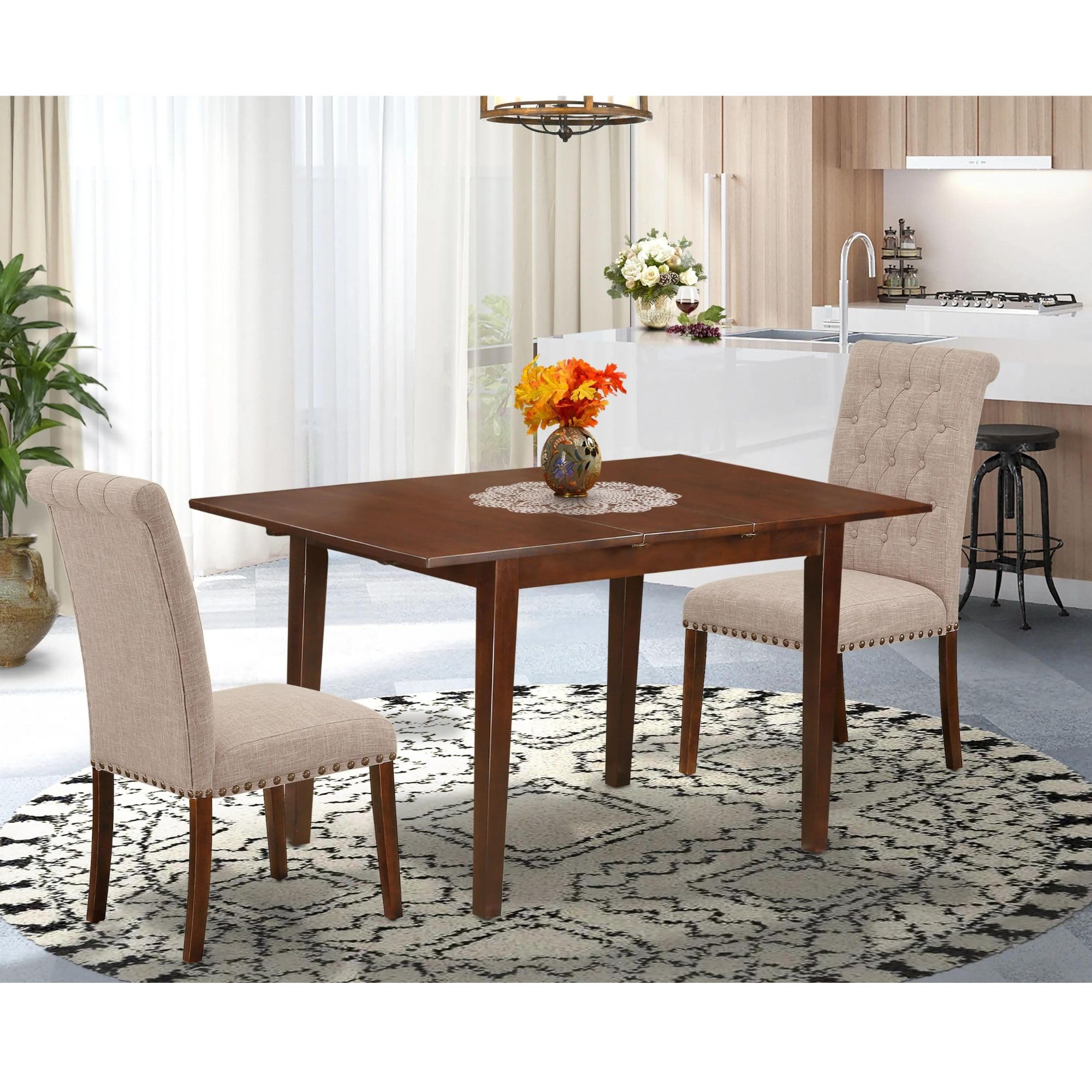 East West Furniture Nobr3-Mah-04 3 Piece Dining Room Table Set Contains A Rectangle Kitchen Table With Butterfly Leaf And 2 Light Tan Linen Fabric Parson Chairs, 32X54 Inch, Mahogany