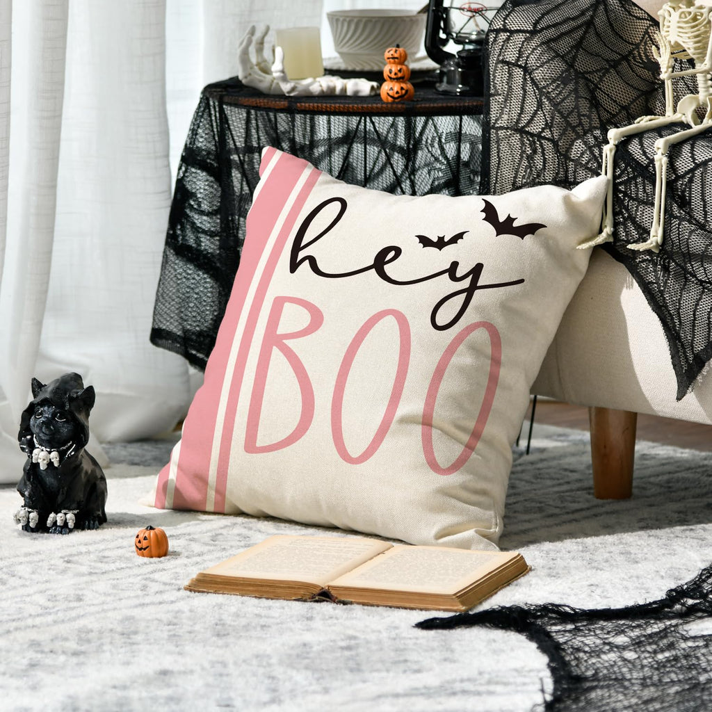 Avoin Colorlife Halloween Hey Boo Cute Ghost Spooky Pink Throw Pillow Covers, 18 X 18 Inch Horror Scary Cushion Case For Sofa Co