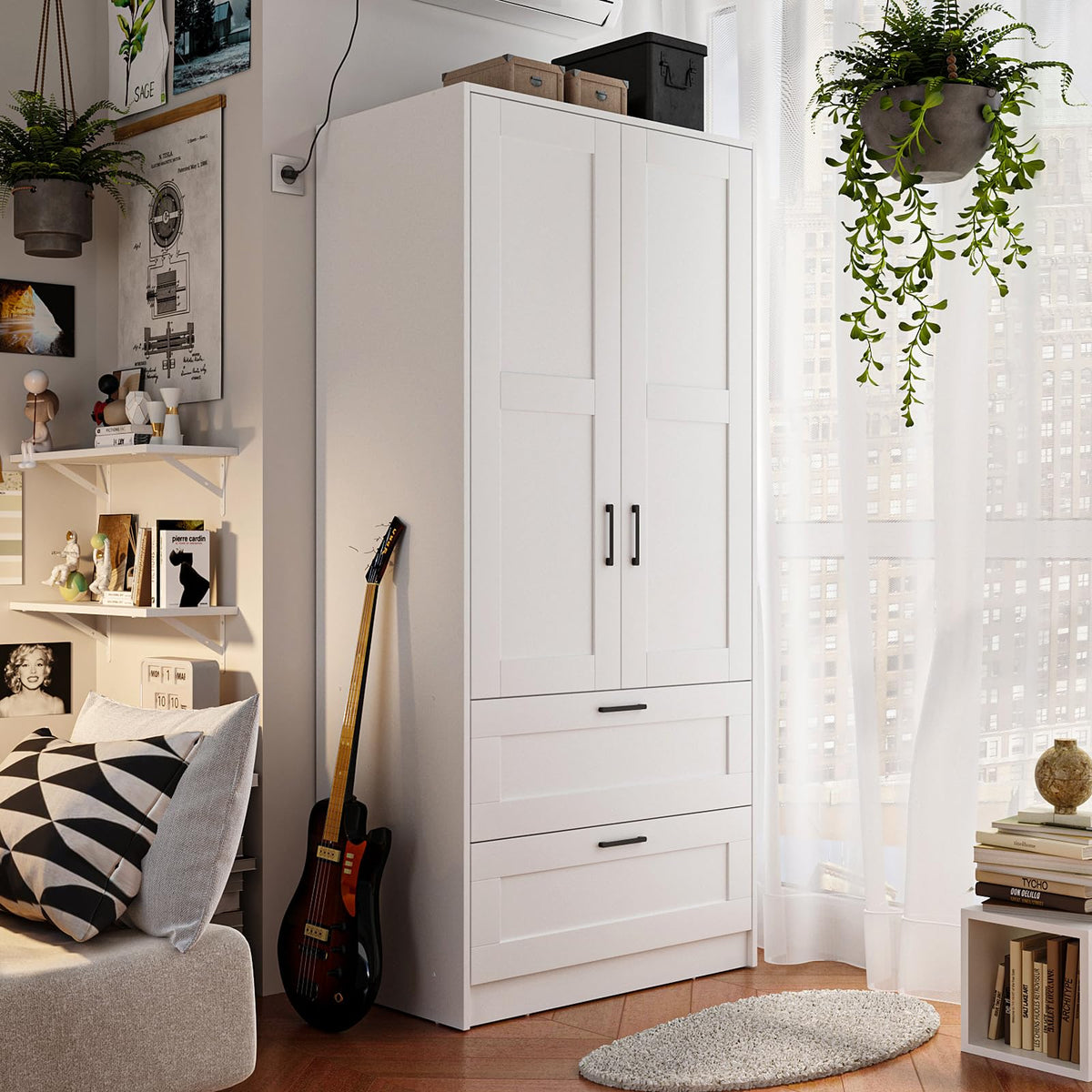Fenghua Lizhi Wood White Wardrobe Closet with 2 Doors and 2 Drawers
