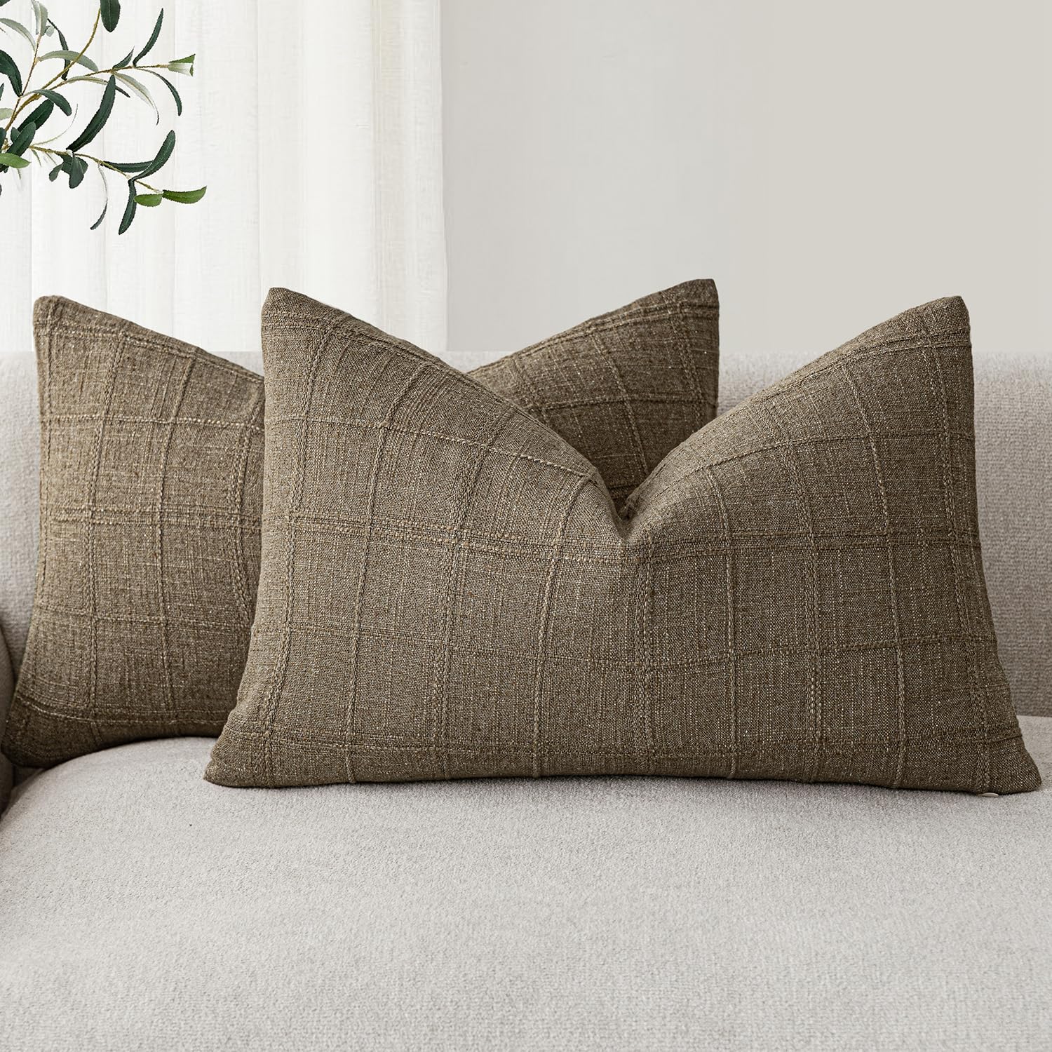 Foindtower Set Of 2 Decorative Linen Check Throw Pillow Covers Neutral Farmhouse Lumbar Cushion Covers Modern Boho Home Decor Fo