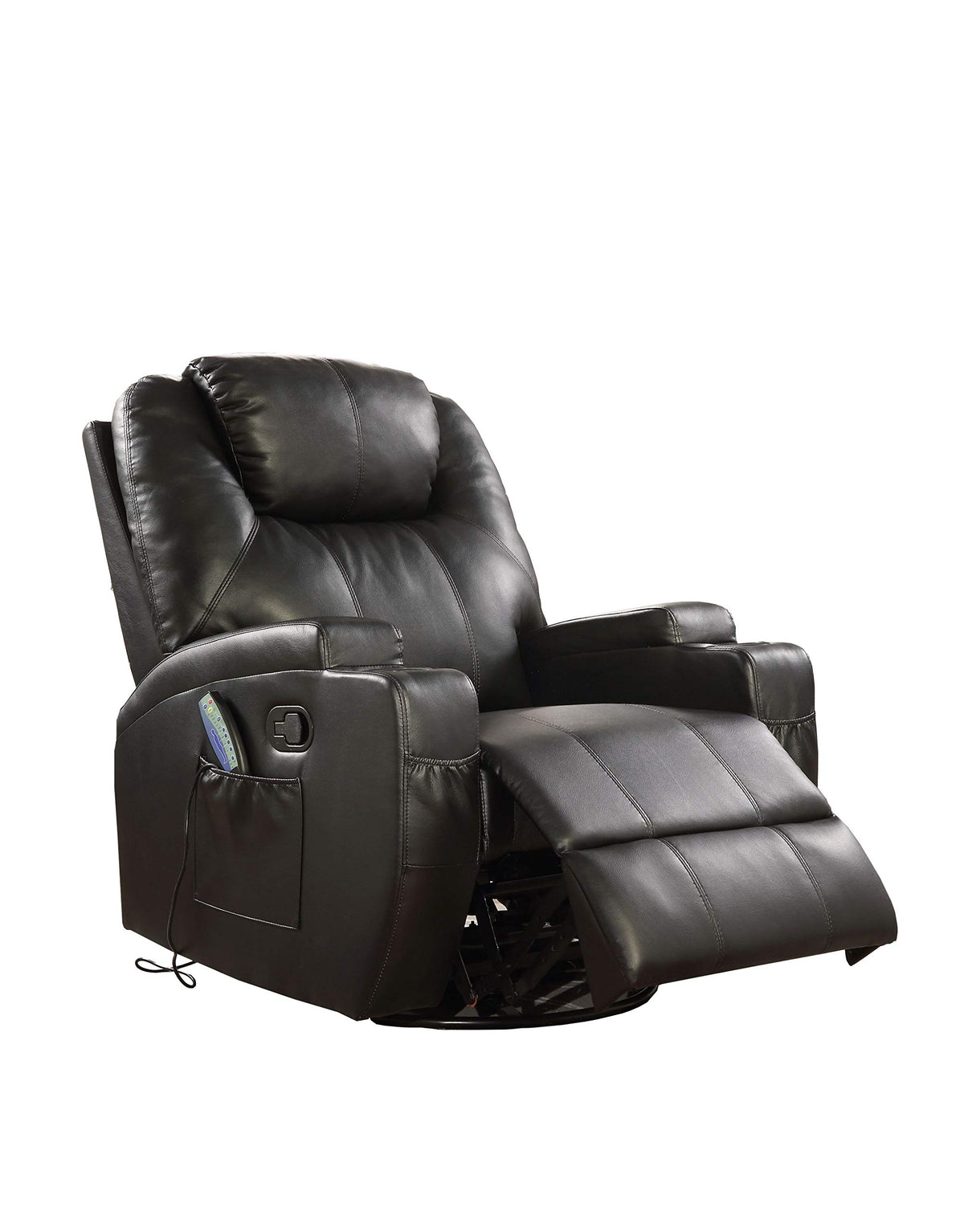 HomeRoots Boned Leather Match, Pine 34&quot; X 37&quot; X 41&quot; Black Bonded Leather Match Swivel Rocker Recliner with Massage